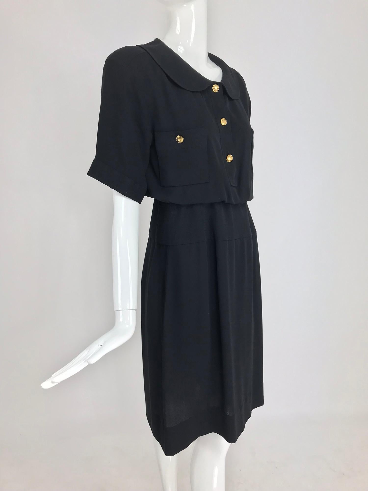 Black Chanel vintage black crepe shirtwaist day dress