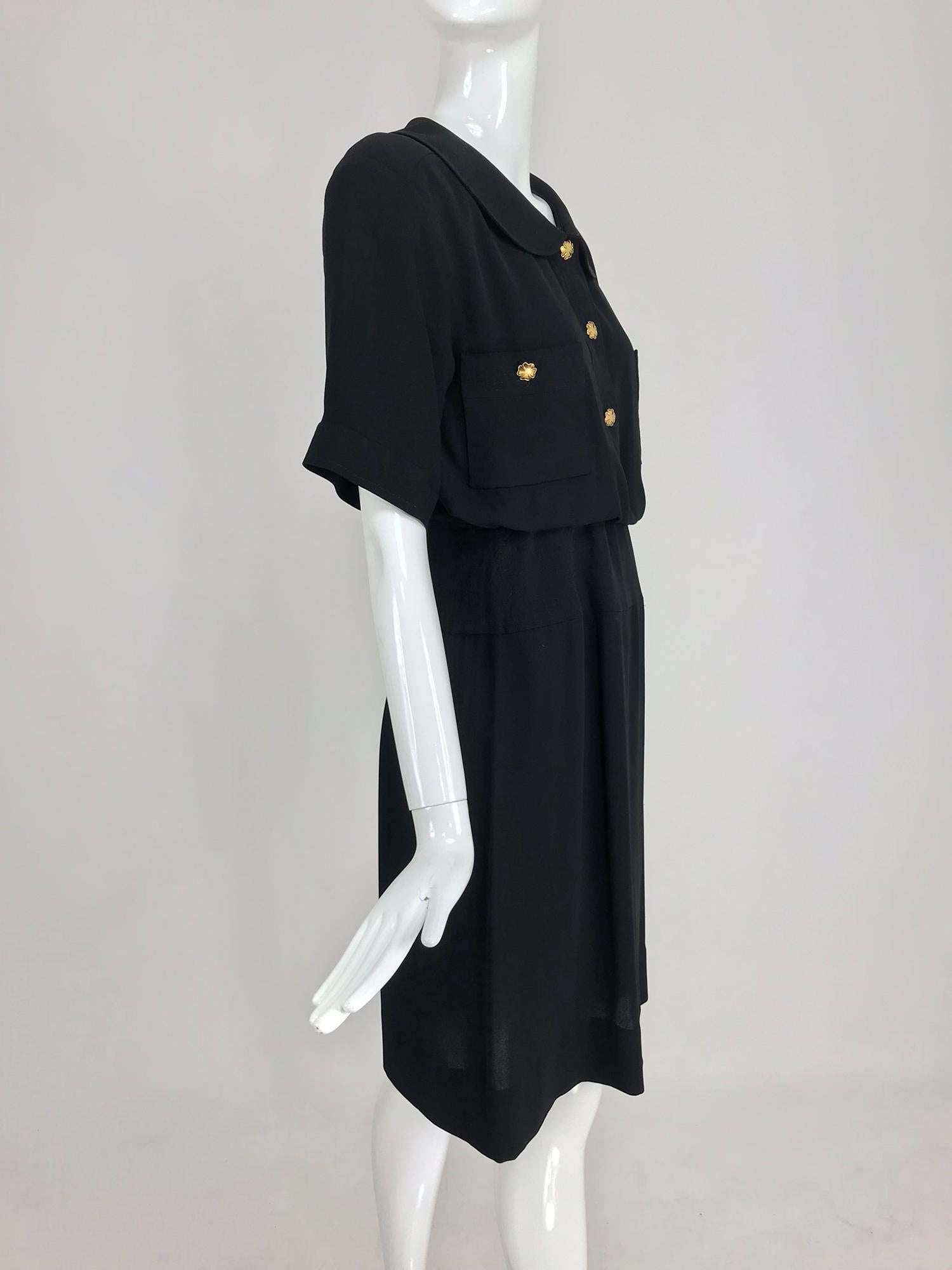 Chanel vintage black crepe shirtwaist day dress In Excellent Condition In West Palm Beach, FL