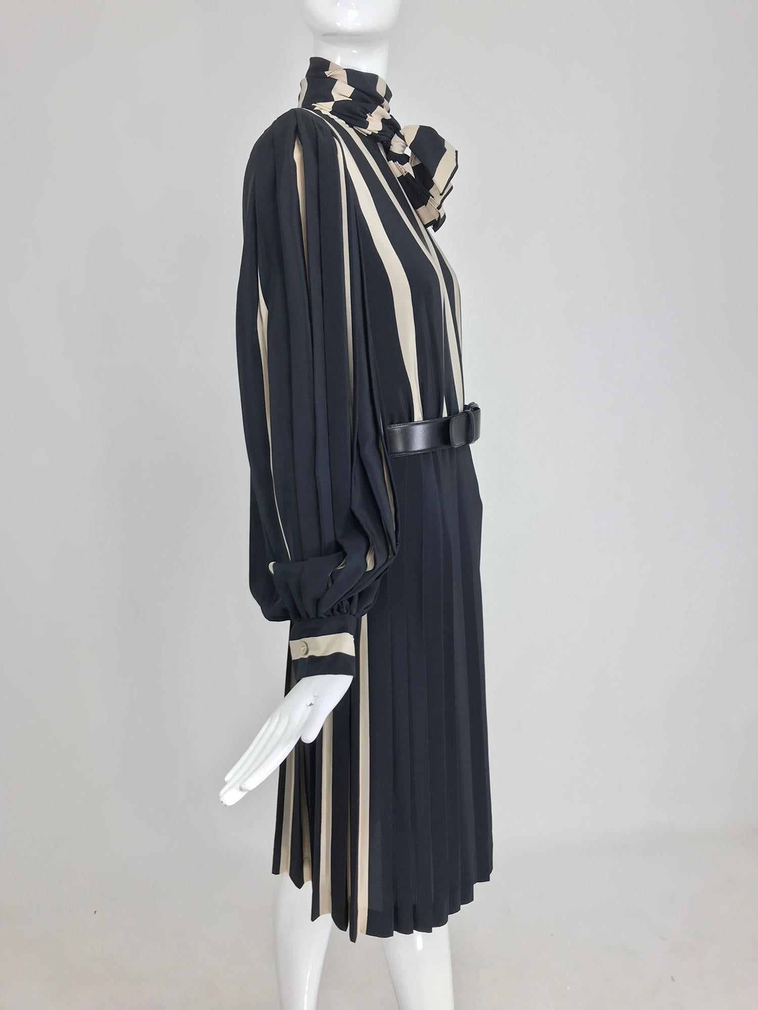 Black Bill Blass pleated silk black and tan stripe dress 1970s