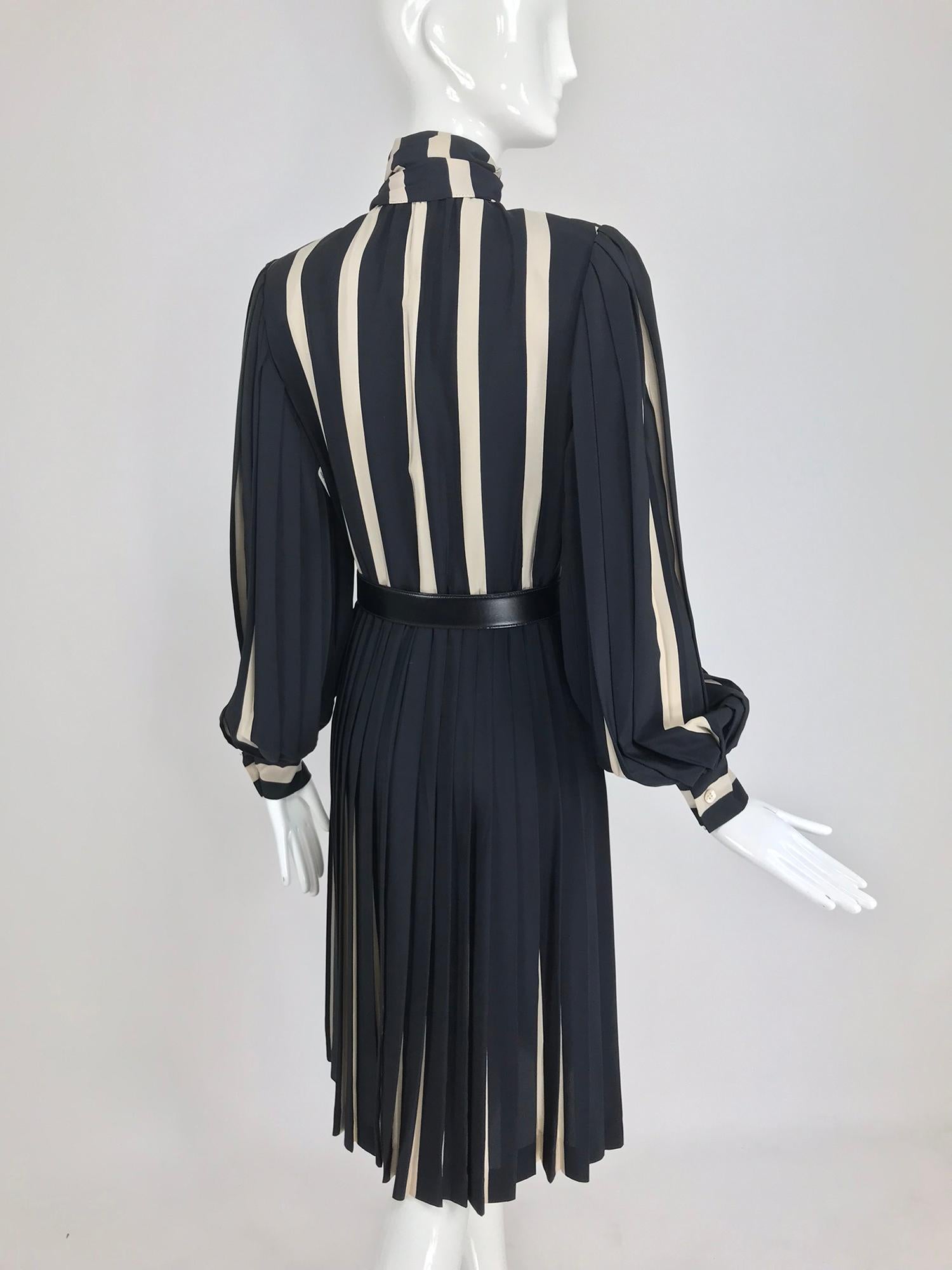 Bill Blass pleated silk black and tan stripe dress 1970s 1