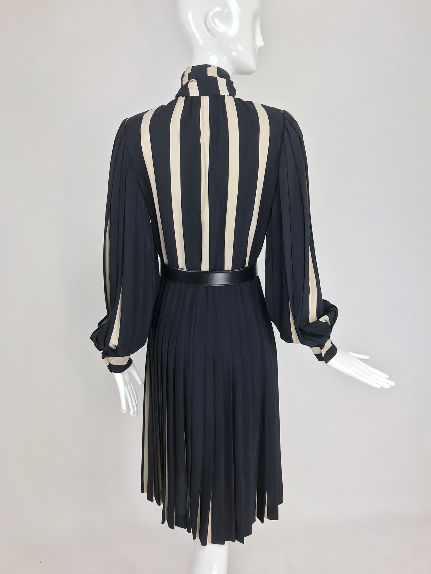 Bill Blass pleated silk black and tan stripe dress 1970s 2