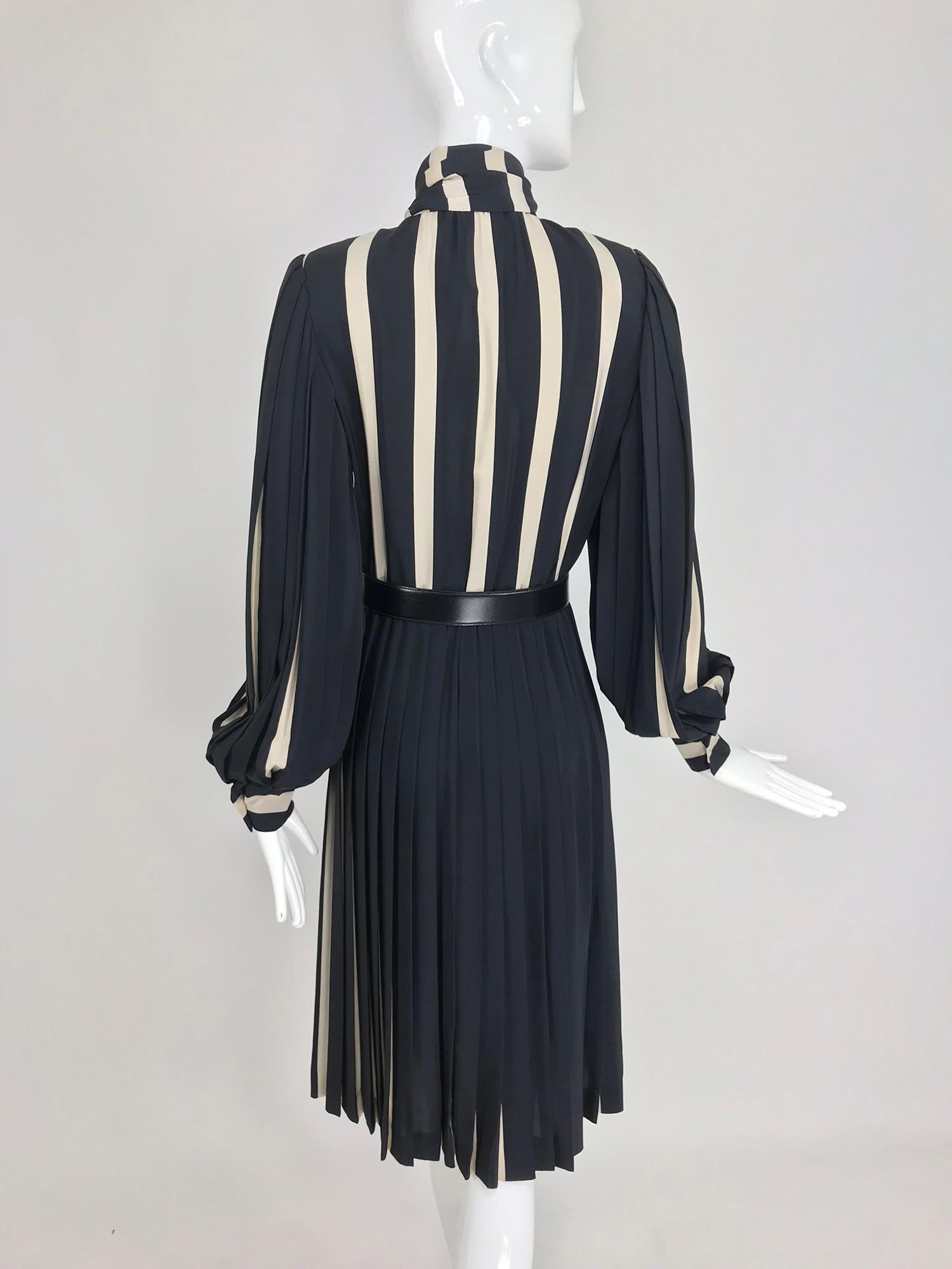 Bill Blass pleated silk black and tan stripe dress 1970s 3