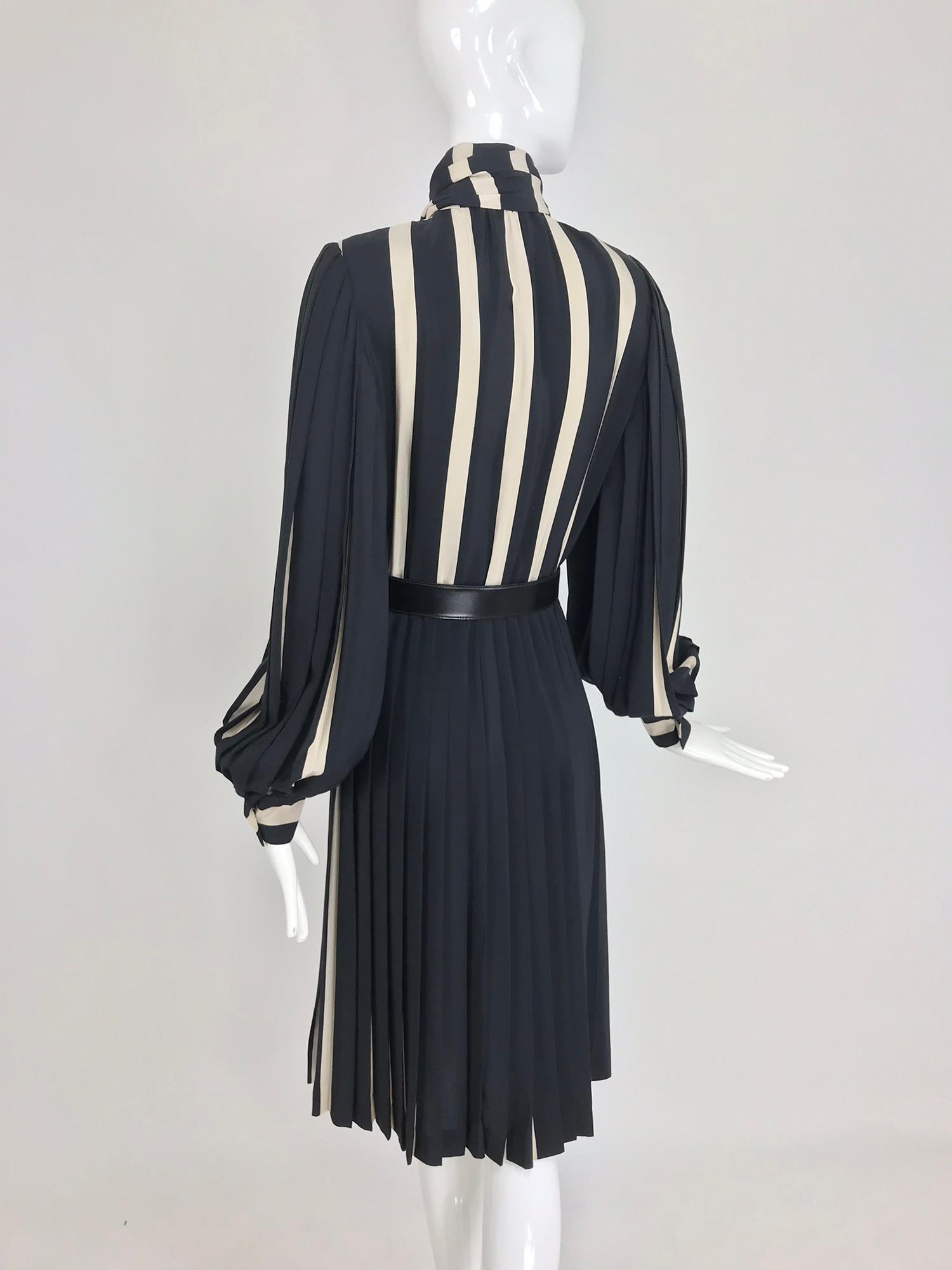 Bill Blass pleated silk black and tan stripe dress 1970s 4
