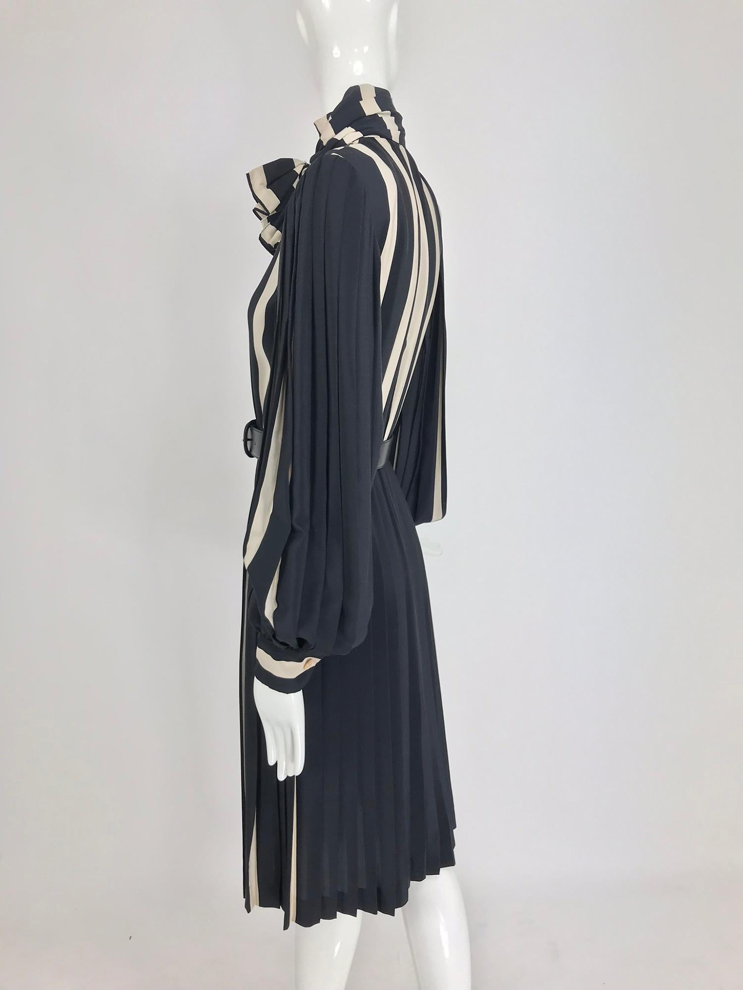 Bill Blass pleated silk black and tan stripe dress 1970s 5