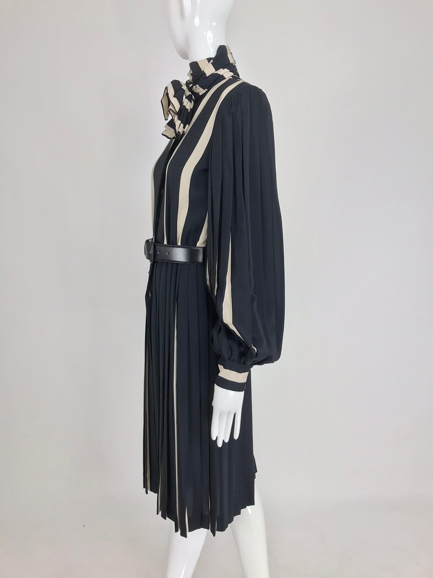 Bill Blass pleated silk black and tan stripe dress 1970s 6