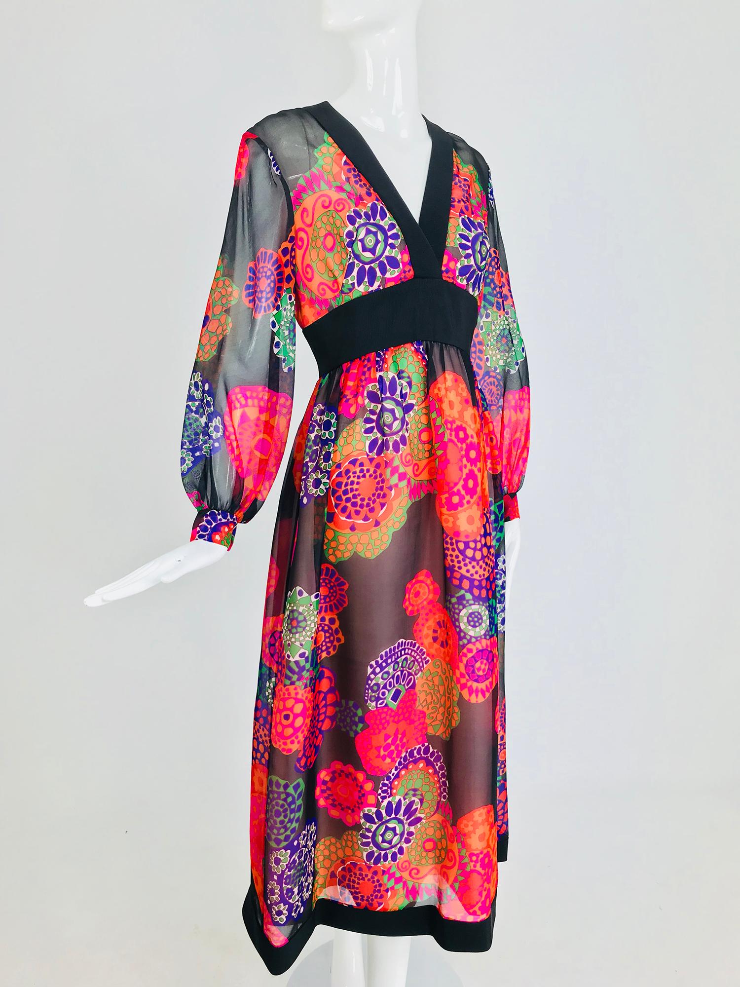 Shannon Rodgers for Jerry Silverman floral silk organza midi dress from the 1970s. I love the print of this dress, the colours are rich and bright set against a black ground This amazing silk organza dress is trimmed in black silk faille. V neckline