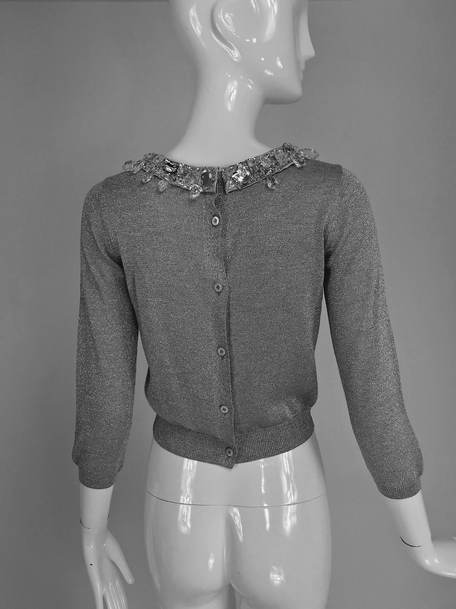 Women's Prada silver metallic grey rhinestone collar cardigan sweater