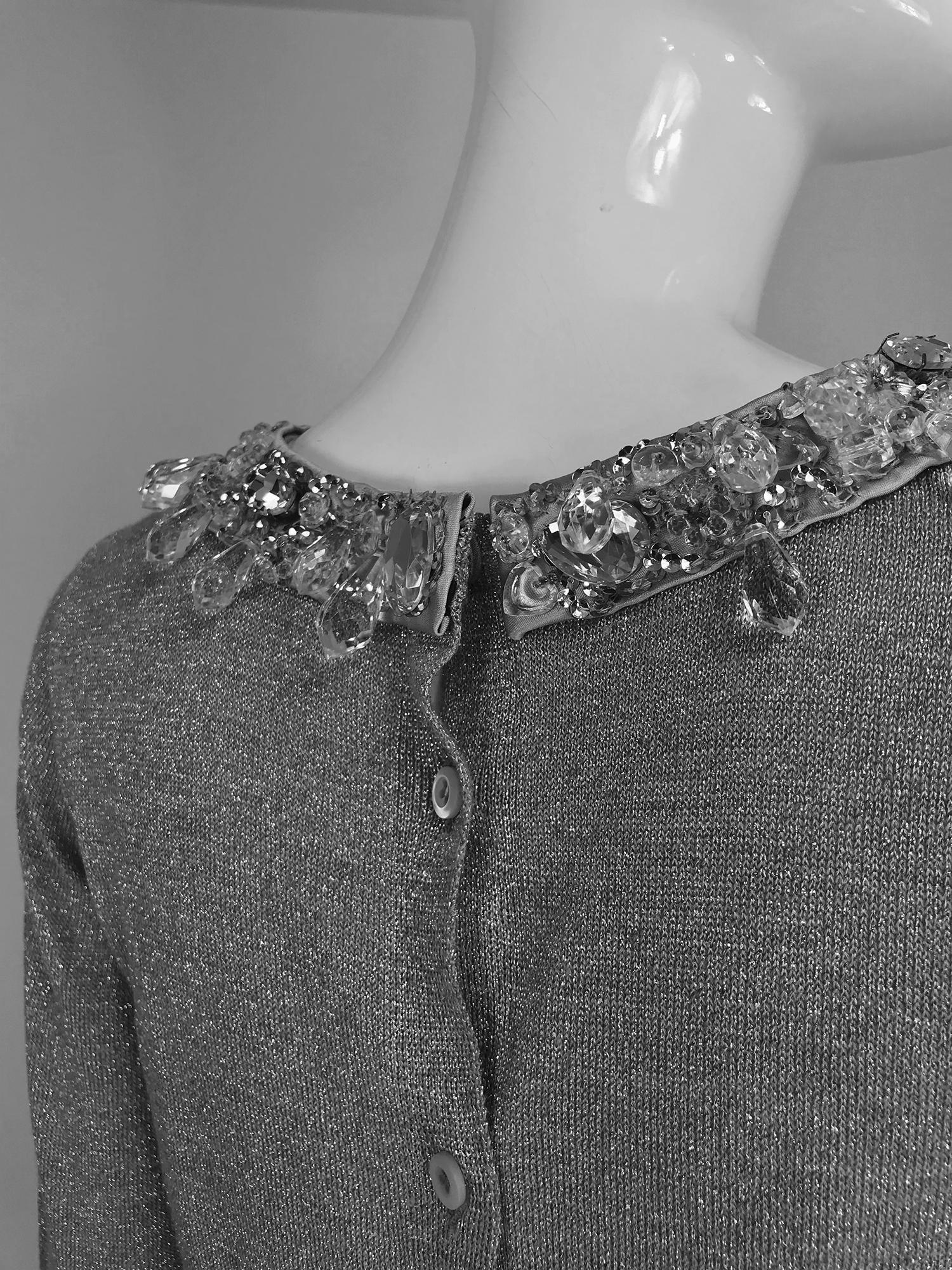 Prada silver metallic grey rhinestone collar cardigan sweater 1
