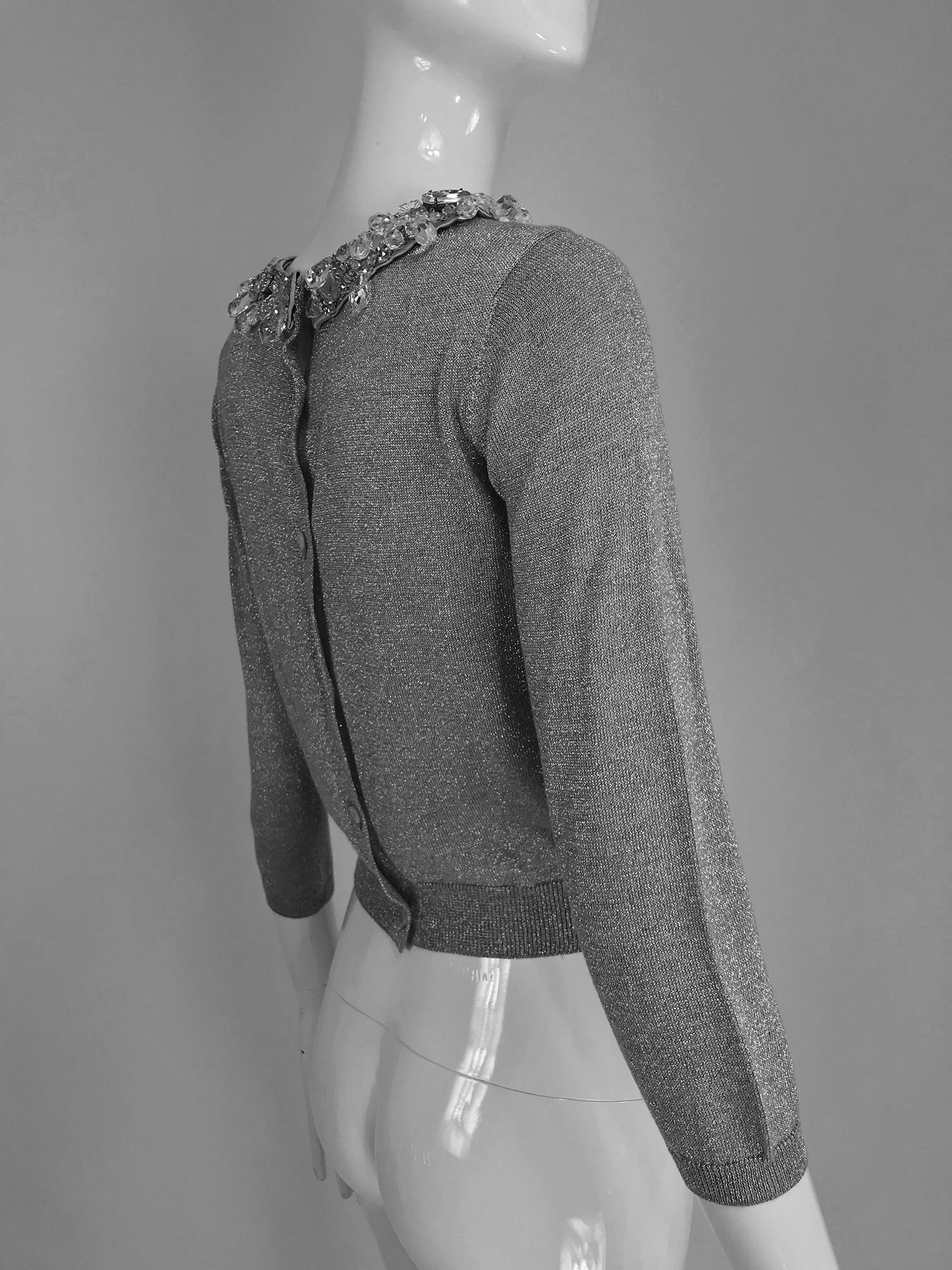 Prada silver metallic grey rhinestone collar cardigan sweater 2
