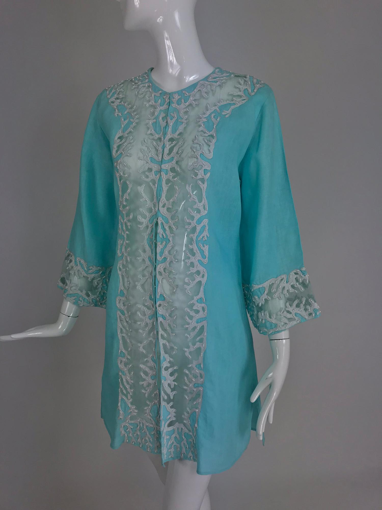 Blue Jeannie McQueeny turquoise linen embroidered silk organza long jacket. 