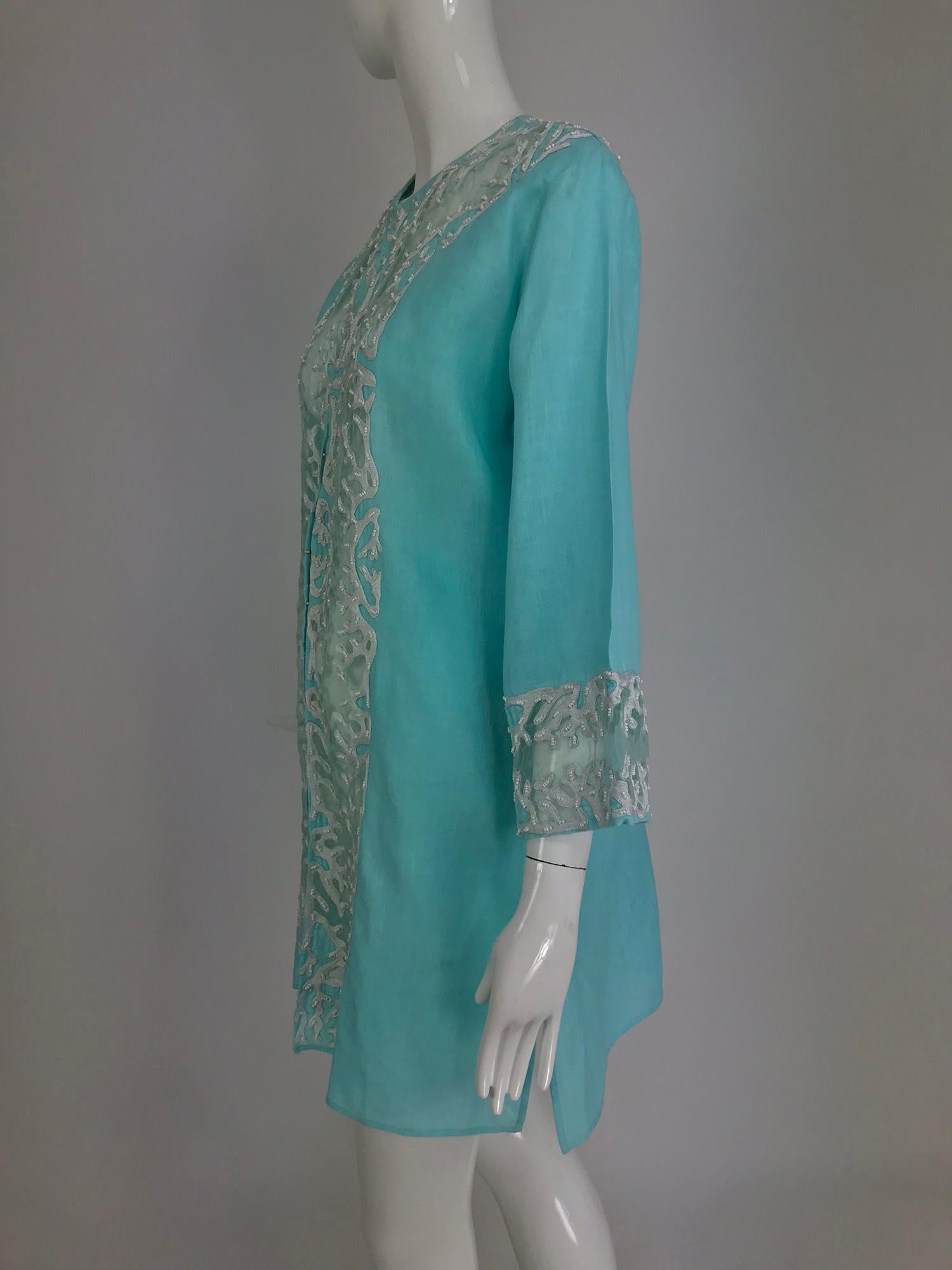 Women's Jeannie McQueeny turquoise linen embroidered silk organza long jacket. 