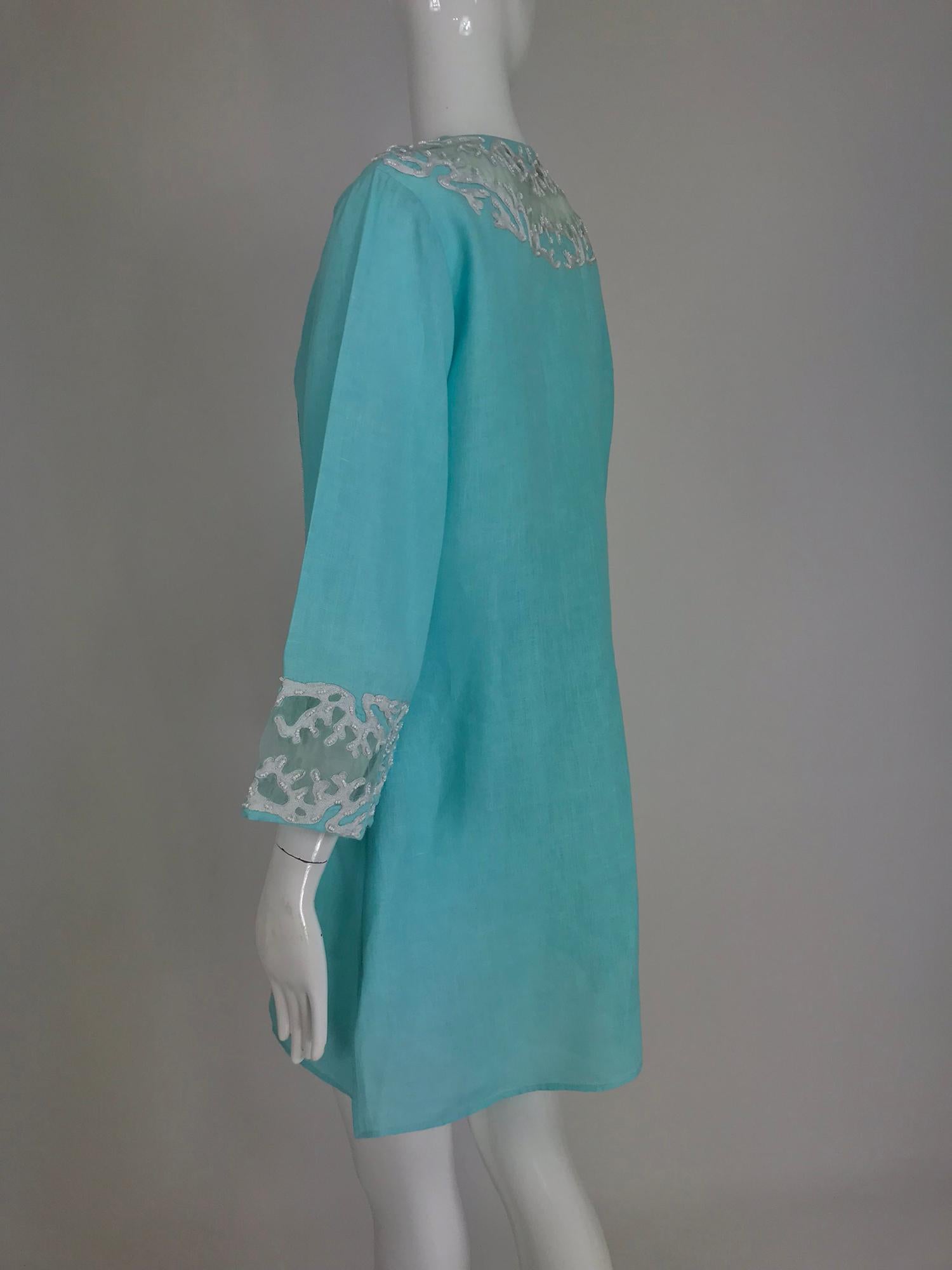 Jeannie McQueeny turquoise linen embroidered silk organza long jacket.  1