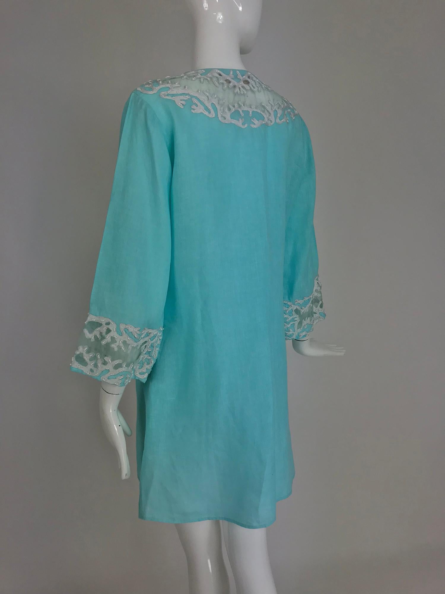 Jeannie McQueeny turquoise linen embroidered silk organza long jacket.  2
