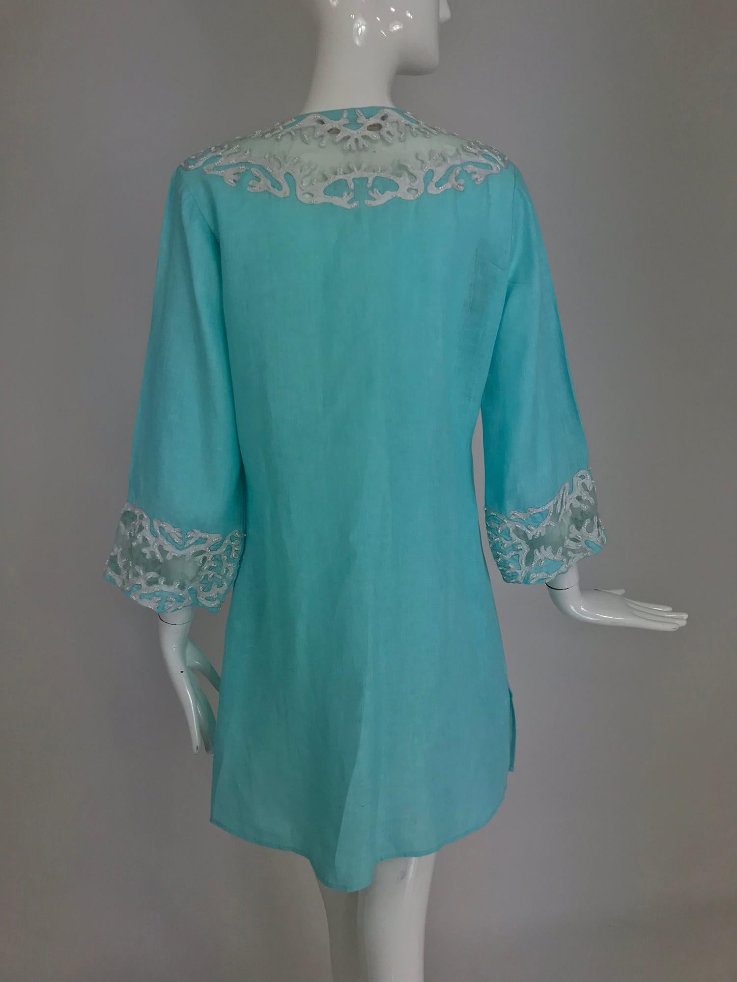 Jeannie McQueeny turquoise linen embroidered silk organza long jacket.  3