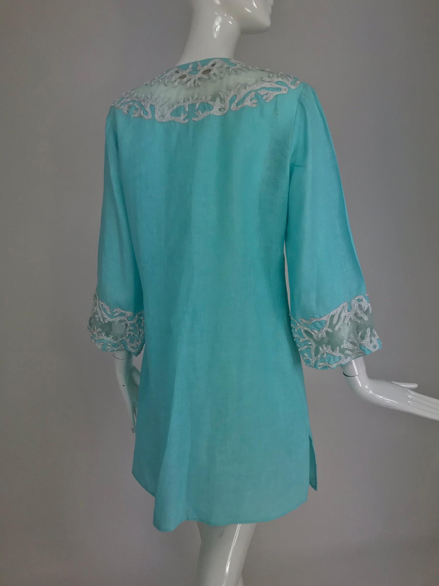 Jeannie McQueeny turquoise linen embroidered silk organza long jacket.  4