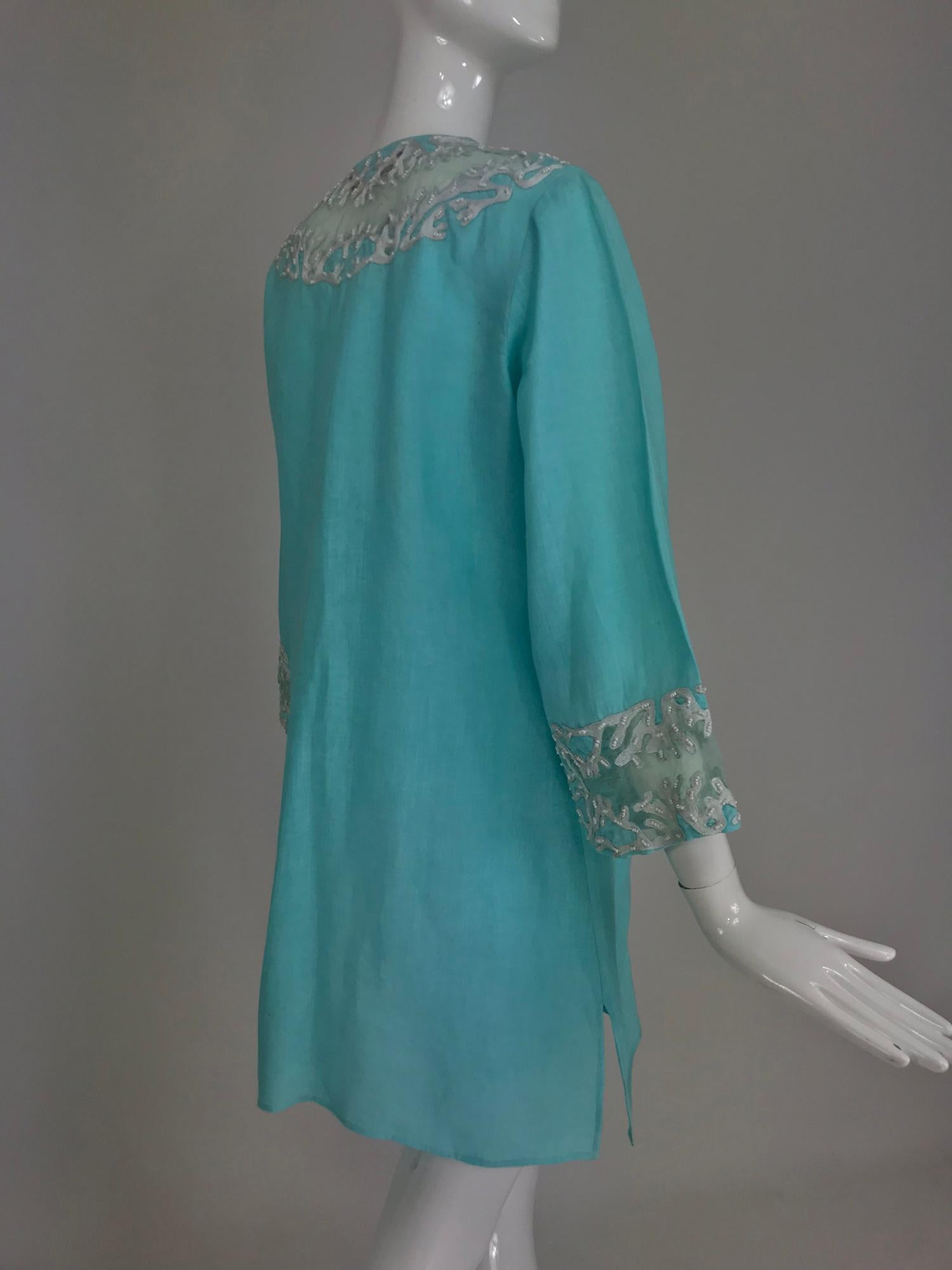 Jeannie McQueeny turquoise linen embroidered silk organza long jacket.  5