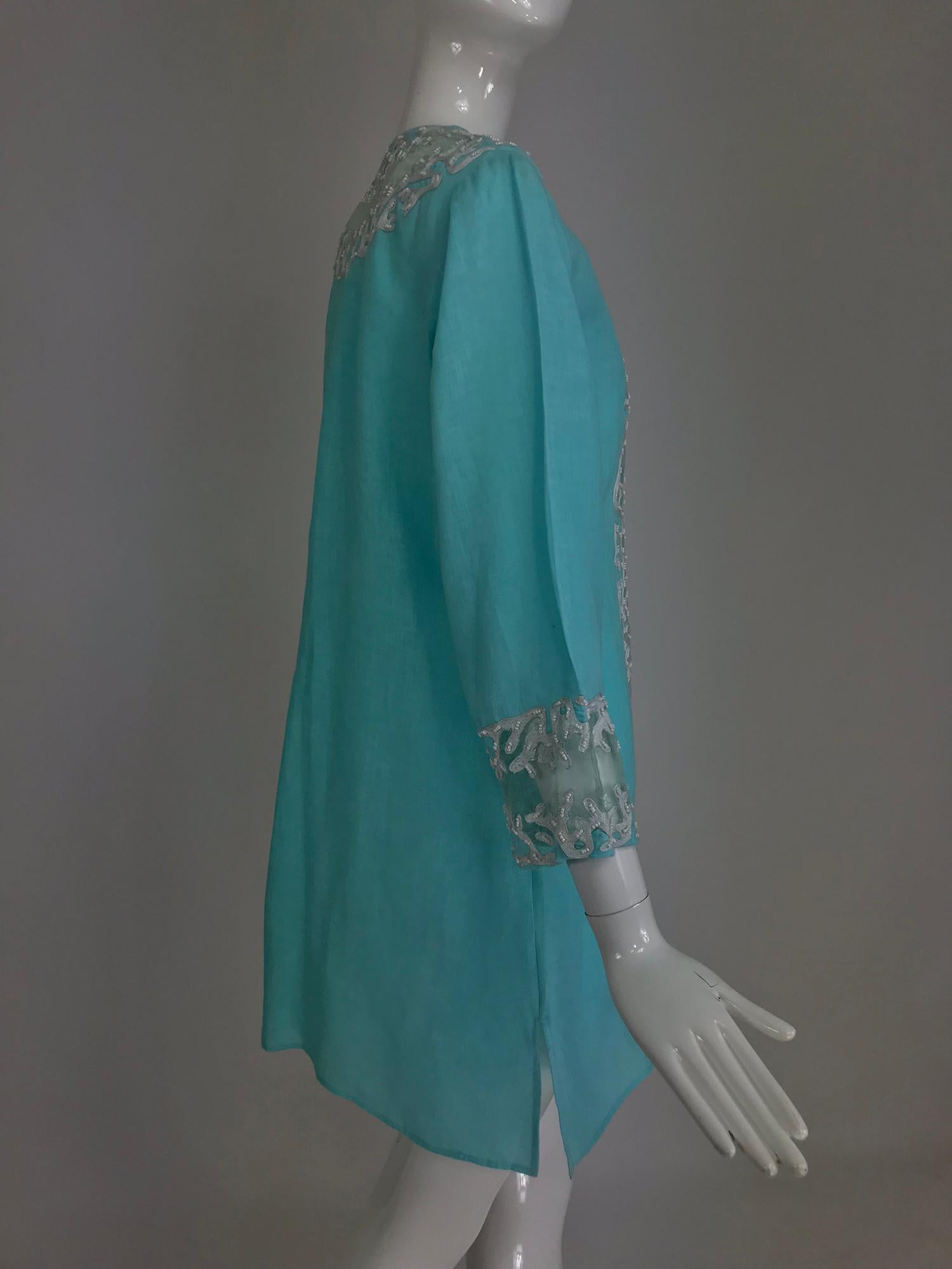 Jeannie McQueeny turquoise linen embroidered silk organza long jacket.  6