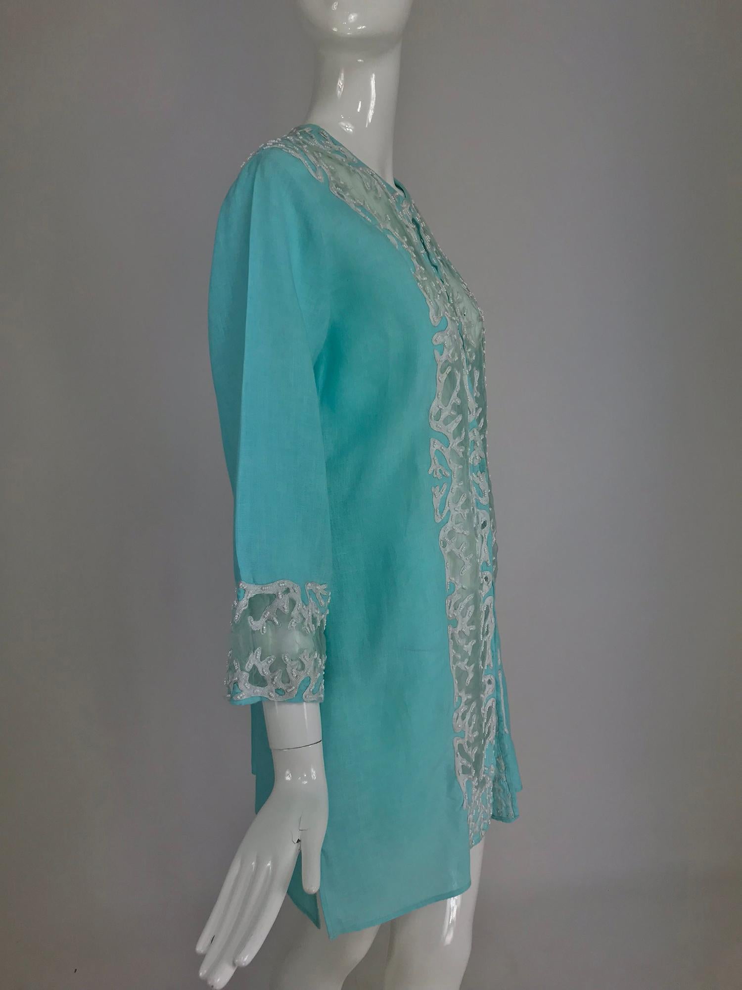 Jeannie McQueeny turquoise linen embroidered silk organza long jacket.  7