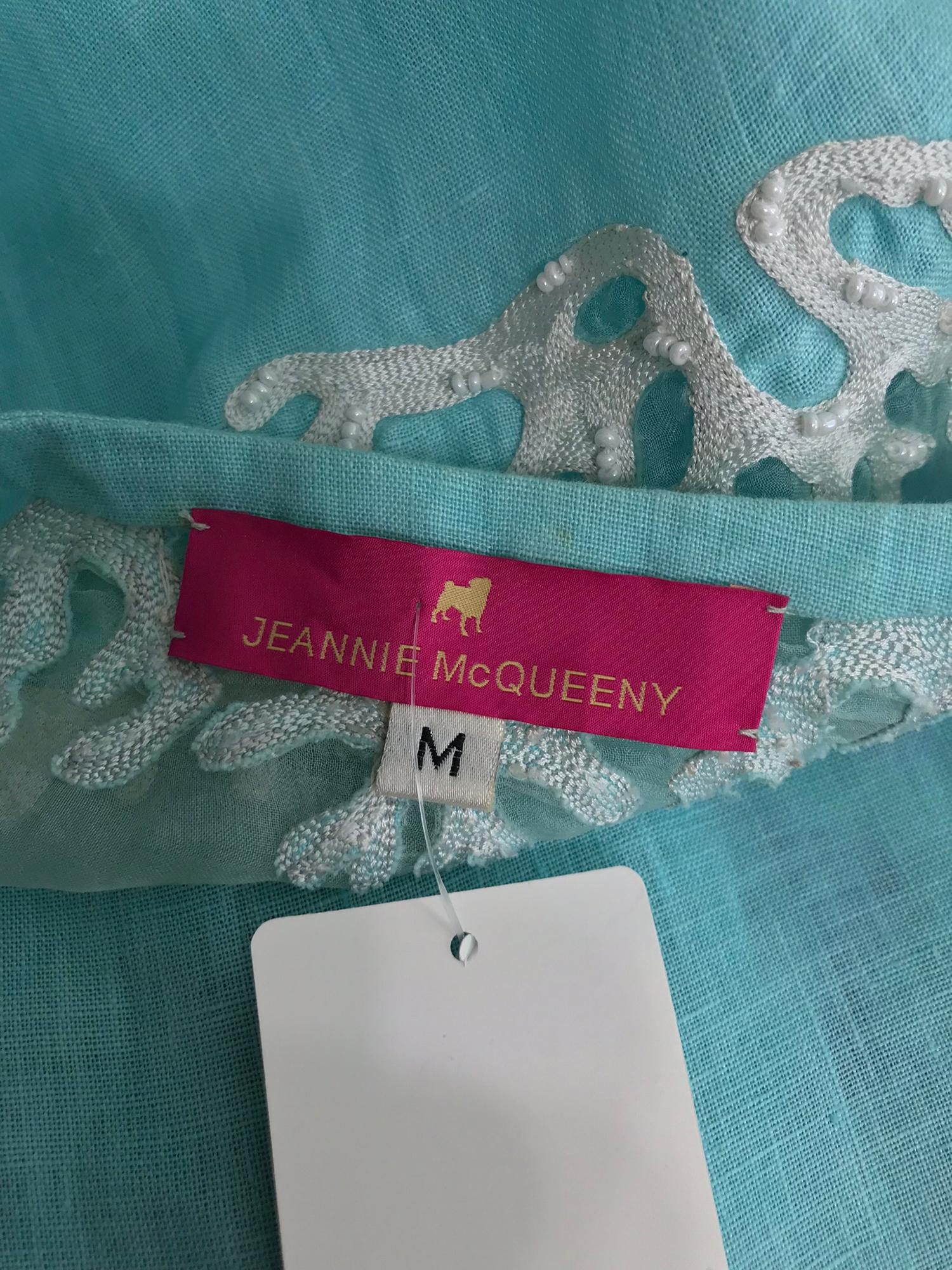 Jeannie McQueeny turquoise linen embroidered silk organza long jacket.  8