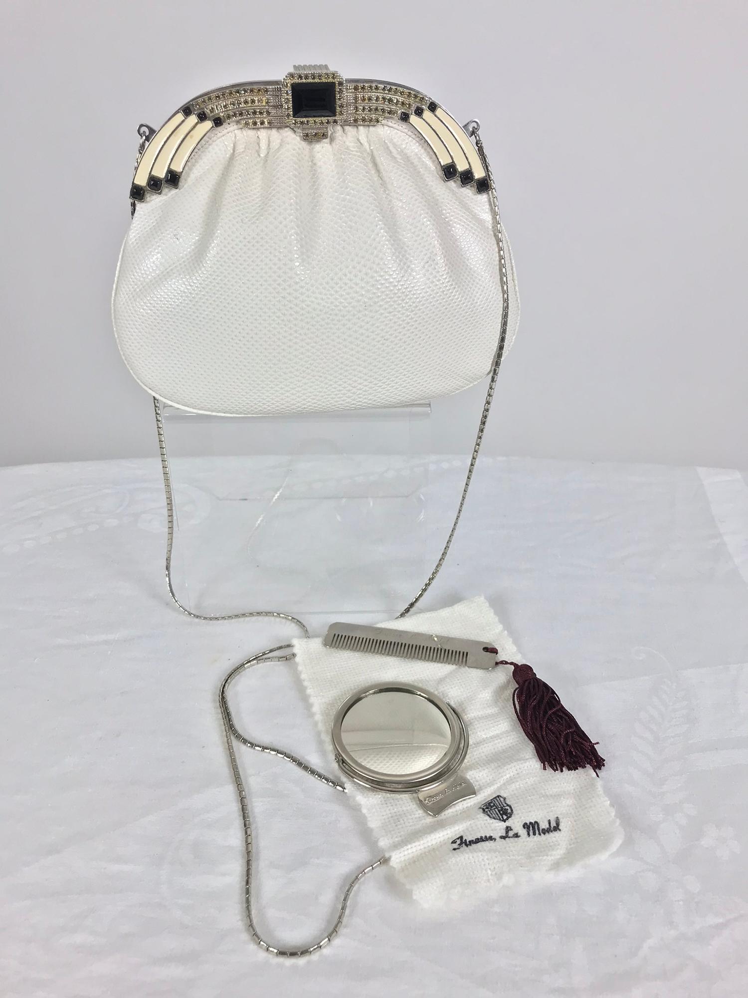 Women's or Men's Art Deco style white lizard rhinestone and enamel frame evening bag