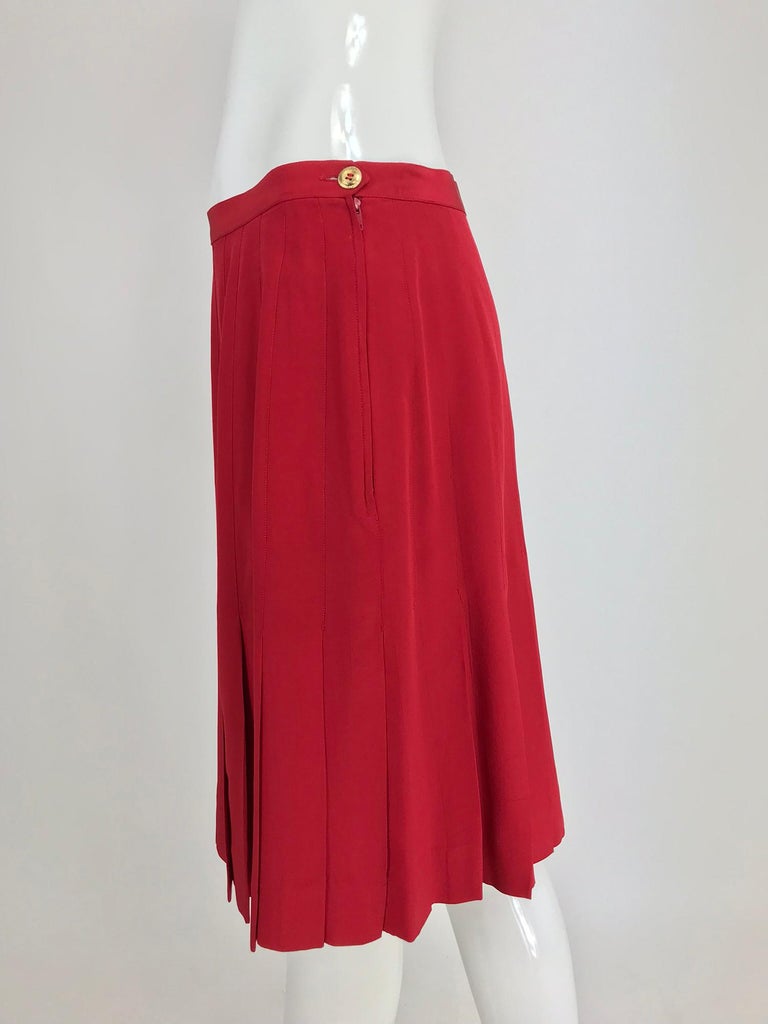 Chanel Red Silk Stitch Down Pleated Skirt For Sale at 1stdibs