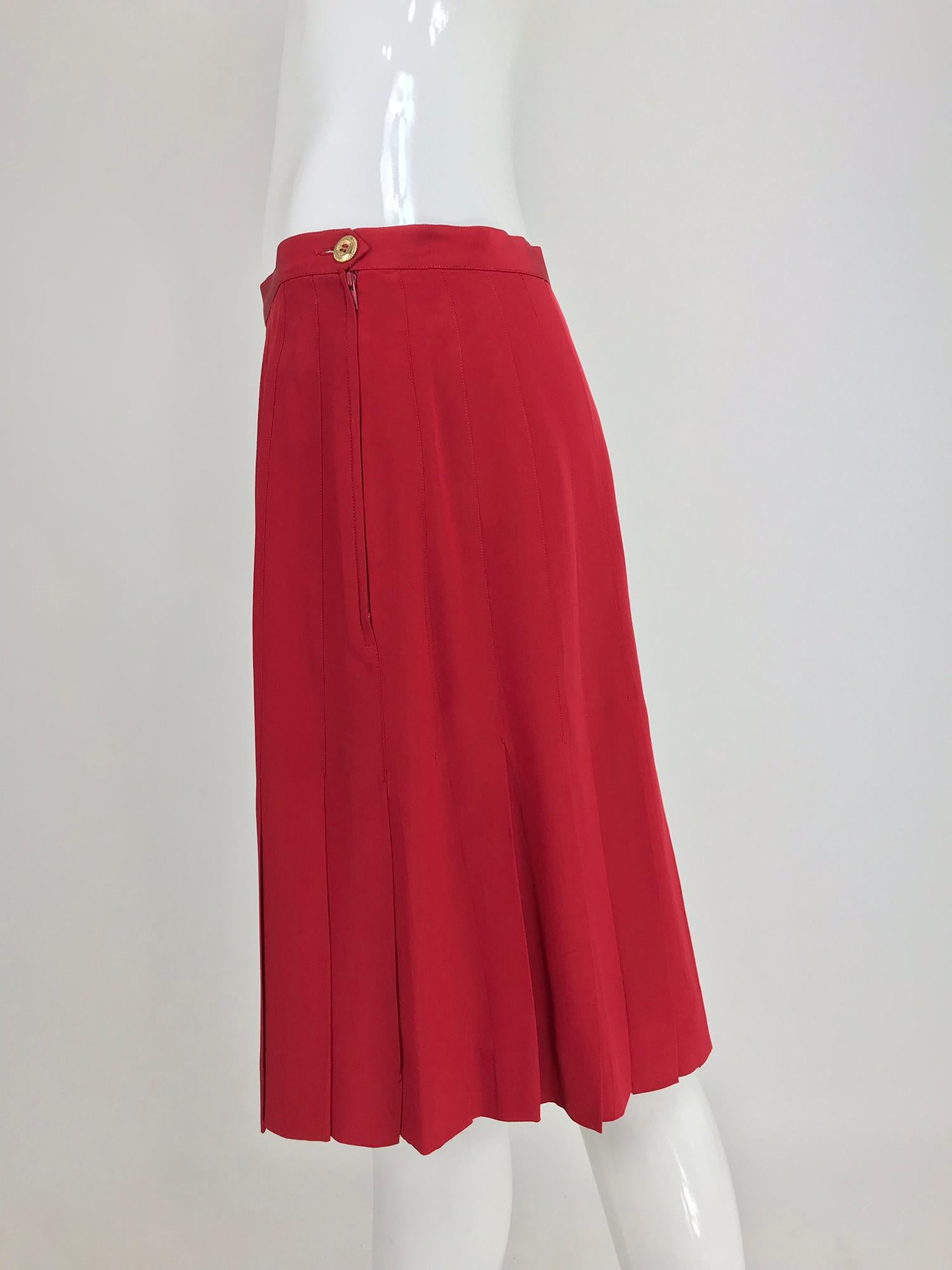 Chanel Red Silk Stitch Down Pleated Skirt  In Excellent Condition In West Palm Beach, FL