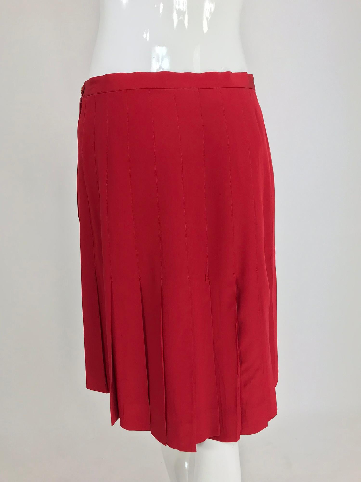 Chanel Red Silk Stitch Down Pleated Skirt  1