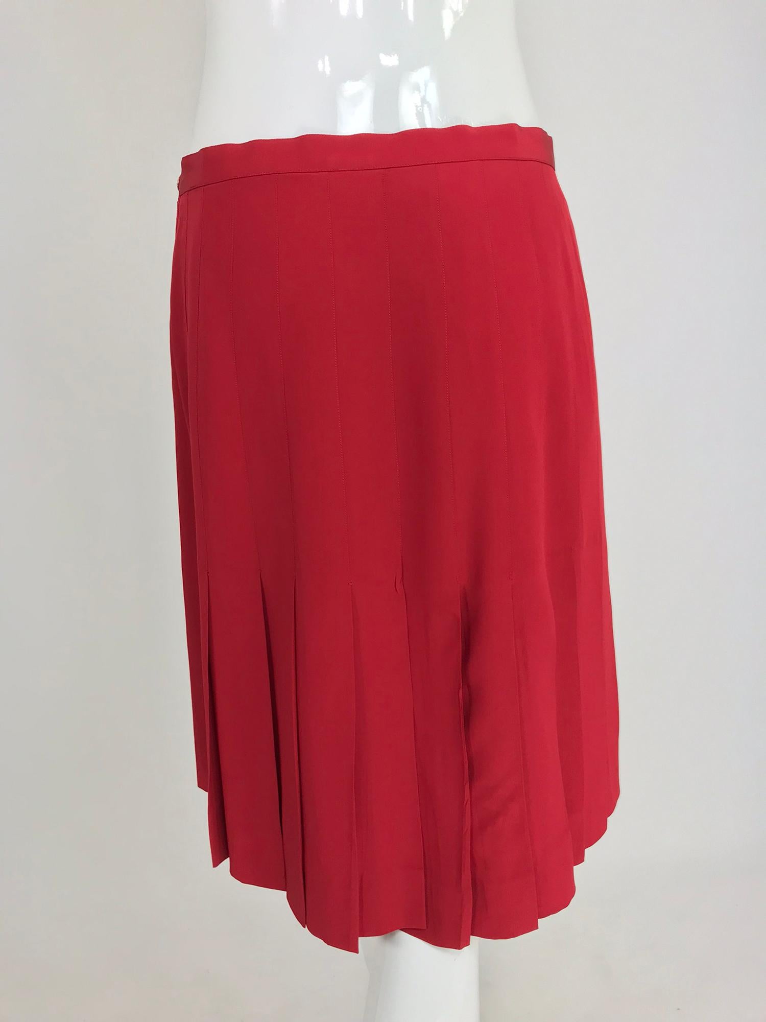 Chanel Red Silk Stitch Down Pleated Skirt  2
