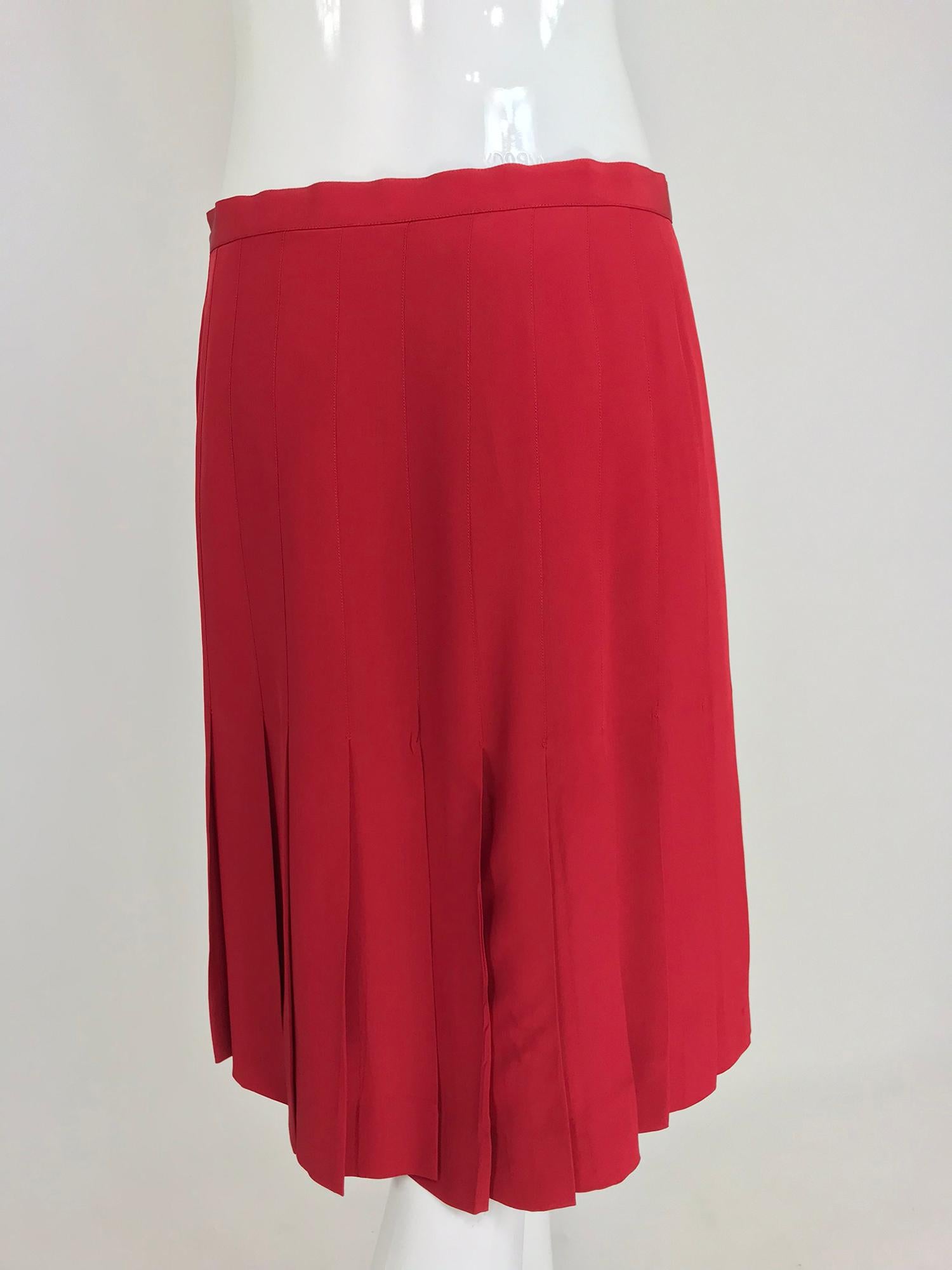 Chanel Red Silk Stitch Down Pleated Skirt  3
