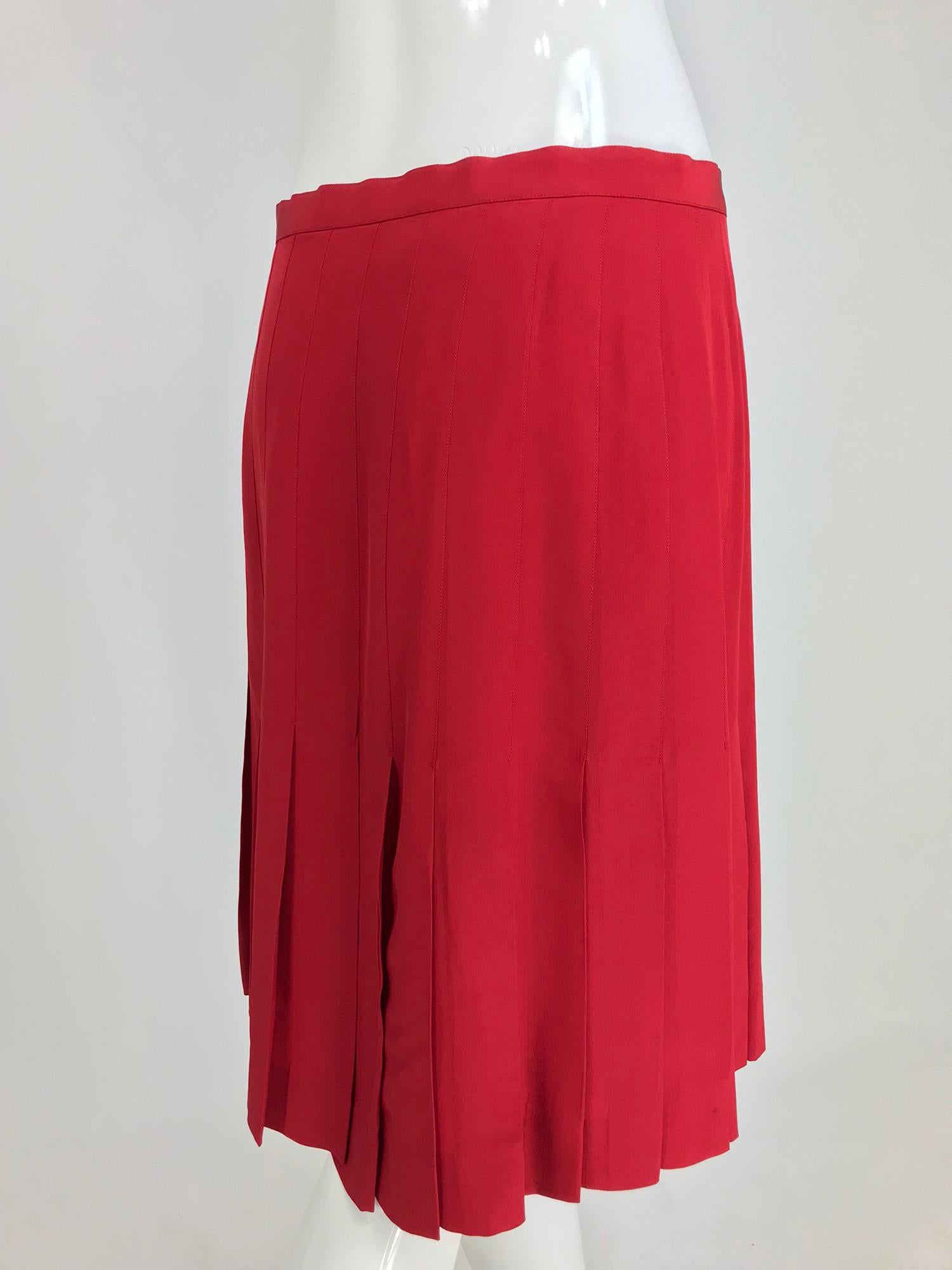 Chanel Red Silk Stitch Down Pleated Skirt  4