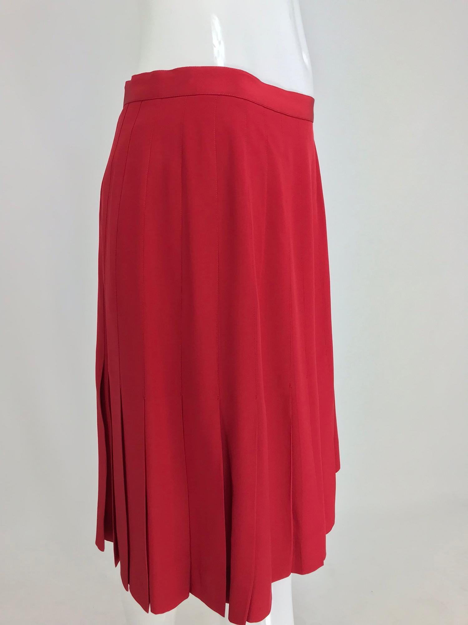 Chanel Red Silk Stitch Down Pleated Skirt  6