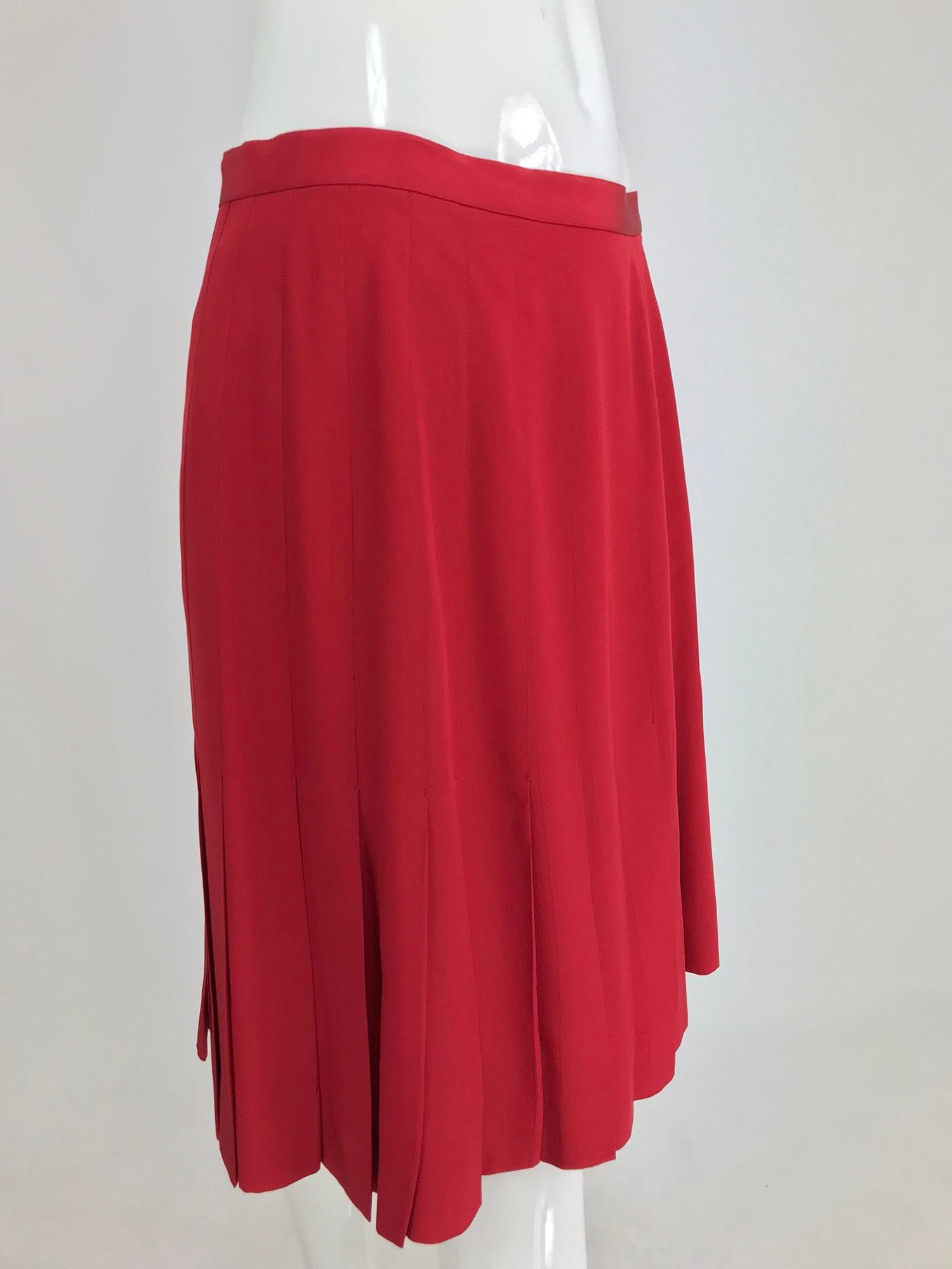 Chanel Red Silk Stitch Down Pleated Skirt  7