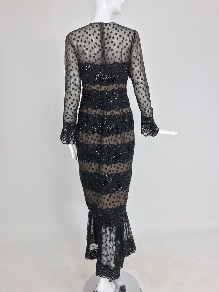 Bill Blass Black Lace Dot Silk Chiffon Mermaid Gown with Sequins, 1980s ...