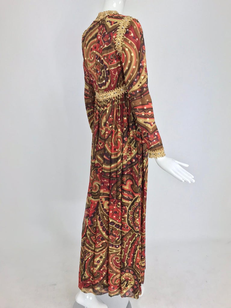 Small 1970s Metallic Kaftan Wide Sleeve Flowy Gold and Black Maxi Dress