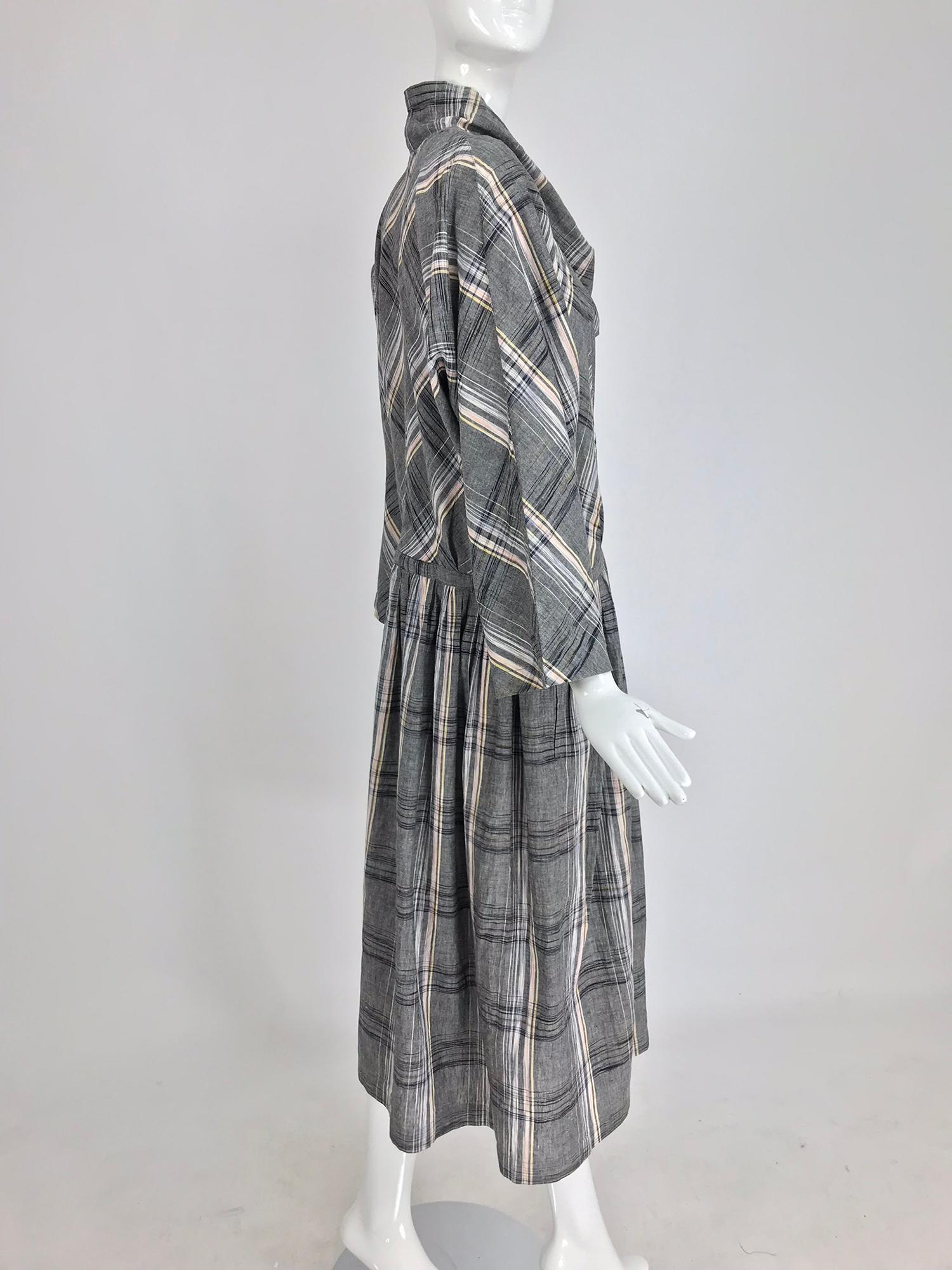 Gray Issey Miyake Funnel Neck Plaid Cotton Draw Cord Waist Dress 1980s