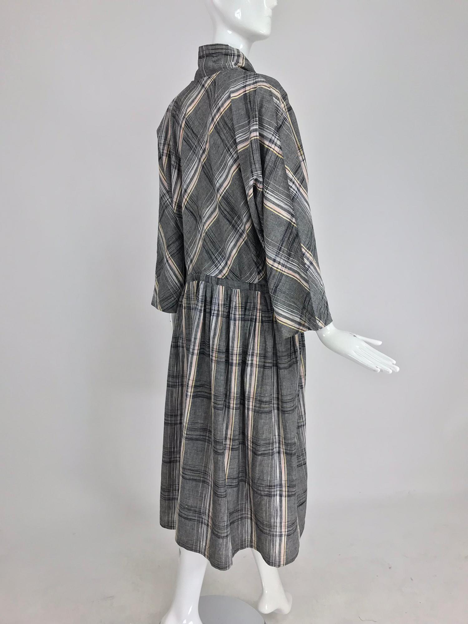Issey Miyake Funnel Neck Plaid Cotton Draw Cord Waist Dress 1980s In Excellent Condition In West Palm Beach, FL