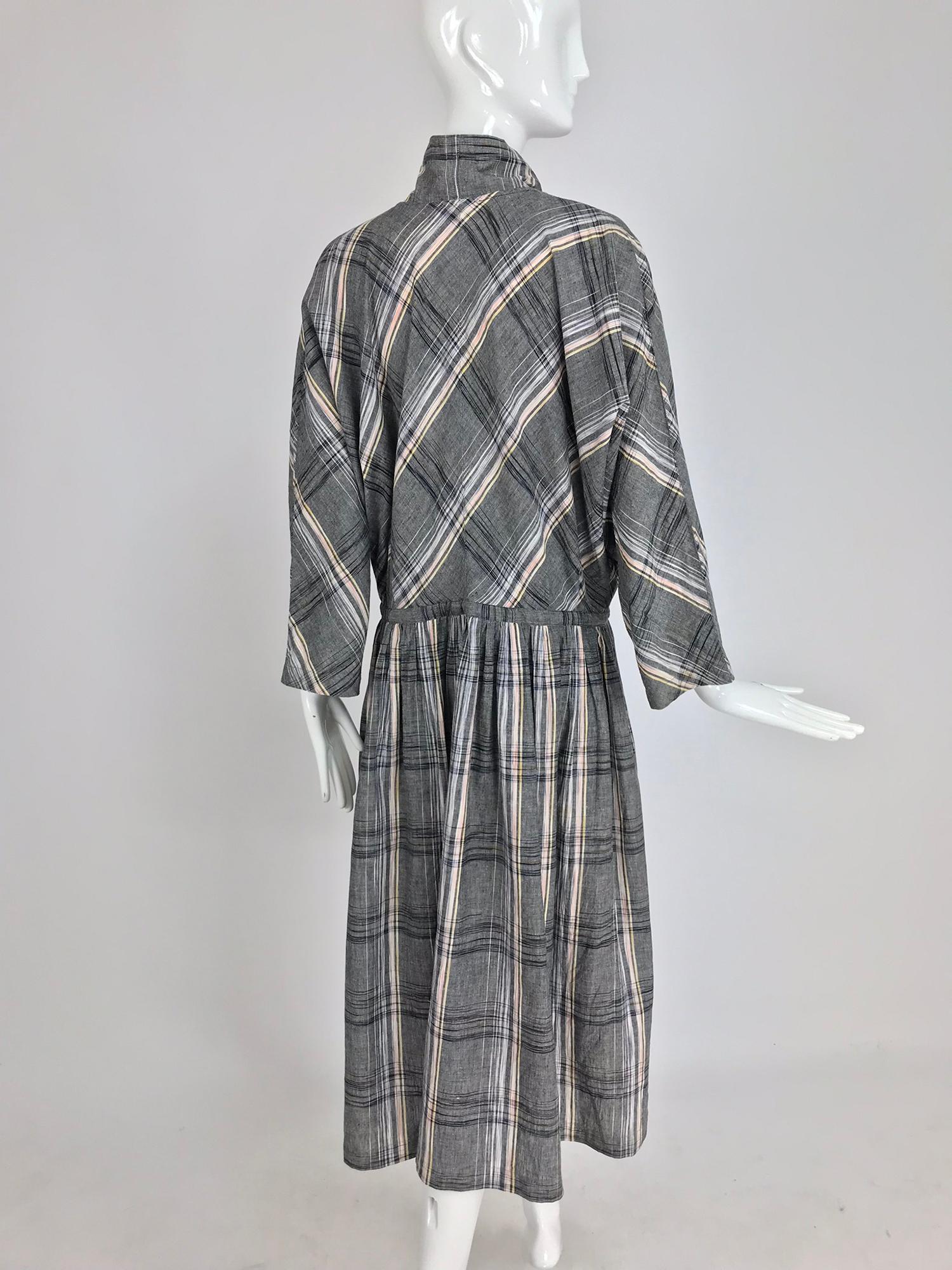 Women's Issey Miyake Funnel Neck Plaid Cotton Draw Cord Waist Dress 1980s