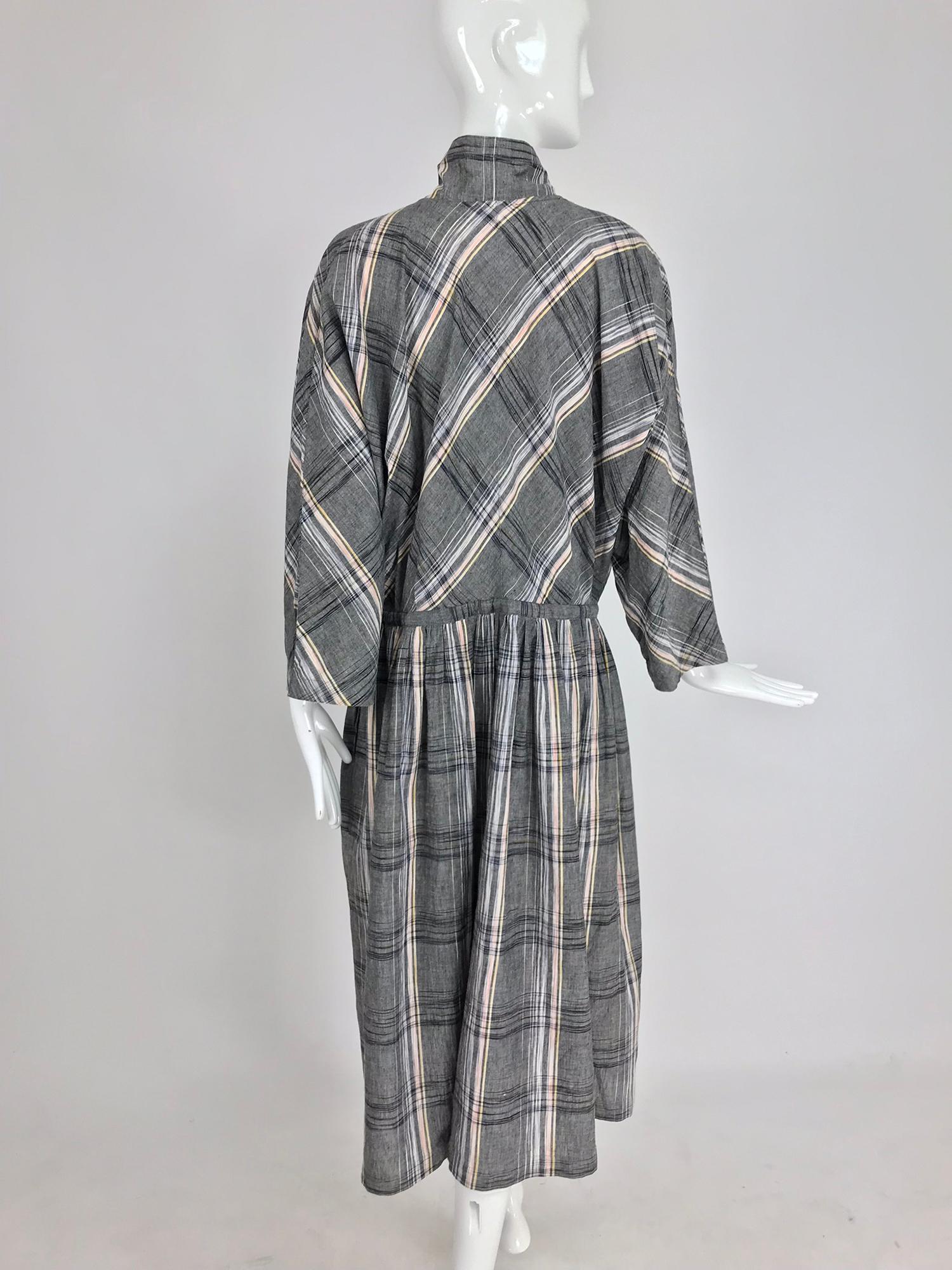 Issey Miyake Funnel Neck Plaid Cotton Draw Cord Waist Dress 1980s 1