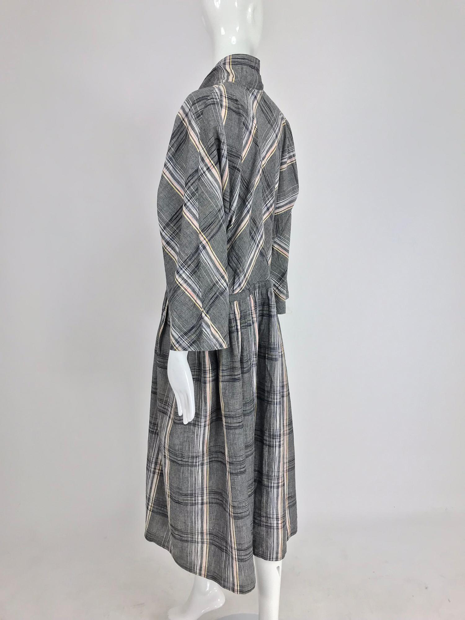 Issey Miyake Funnel Neck Plaid Cotton Draw Cord Waist Dress 1980s 2
