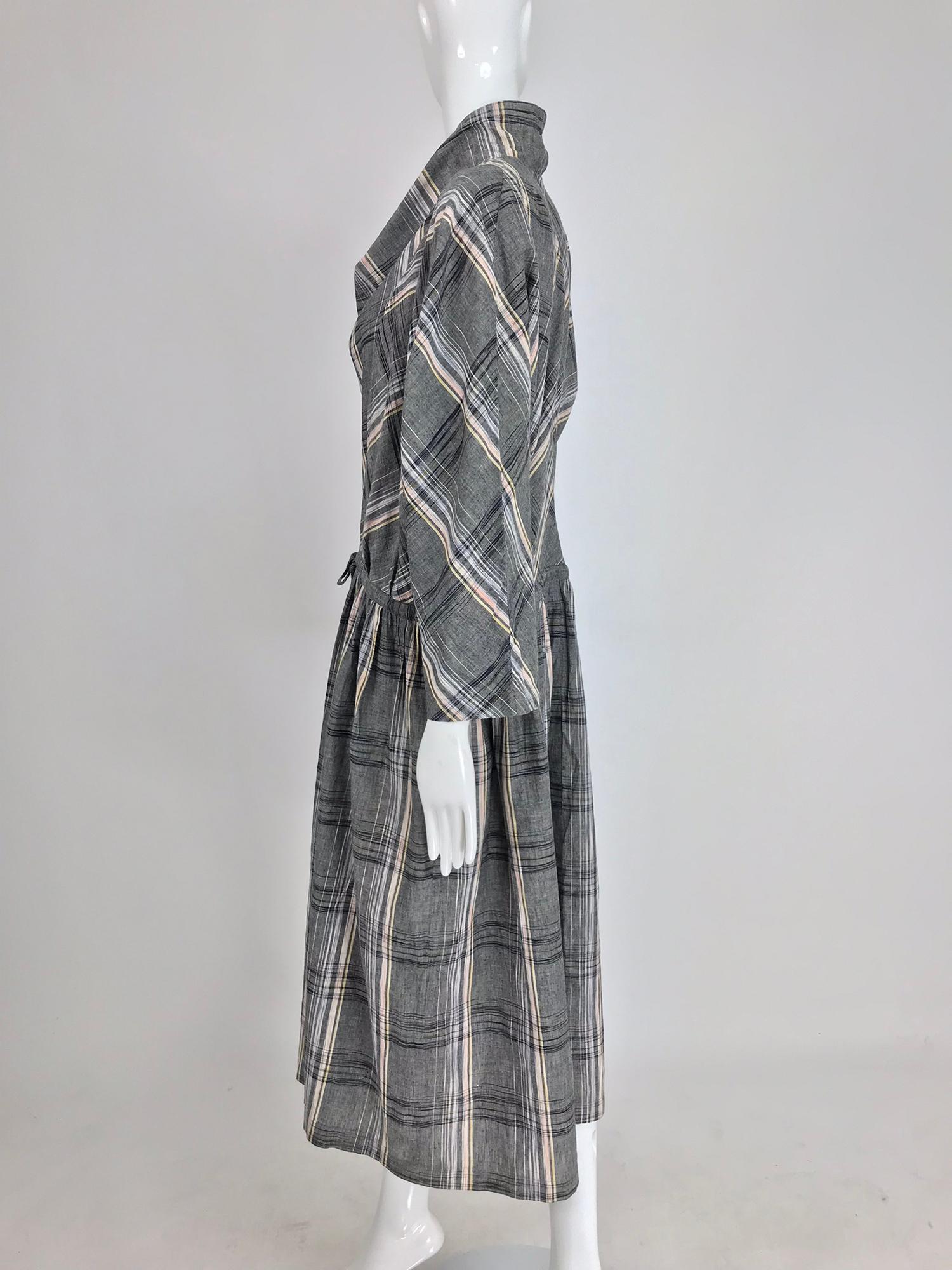 Issey Miyake Funnel Neck Plaid Cotton Draw Cord Waist Dress 1980s 3