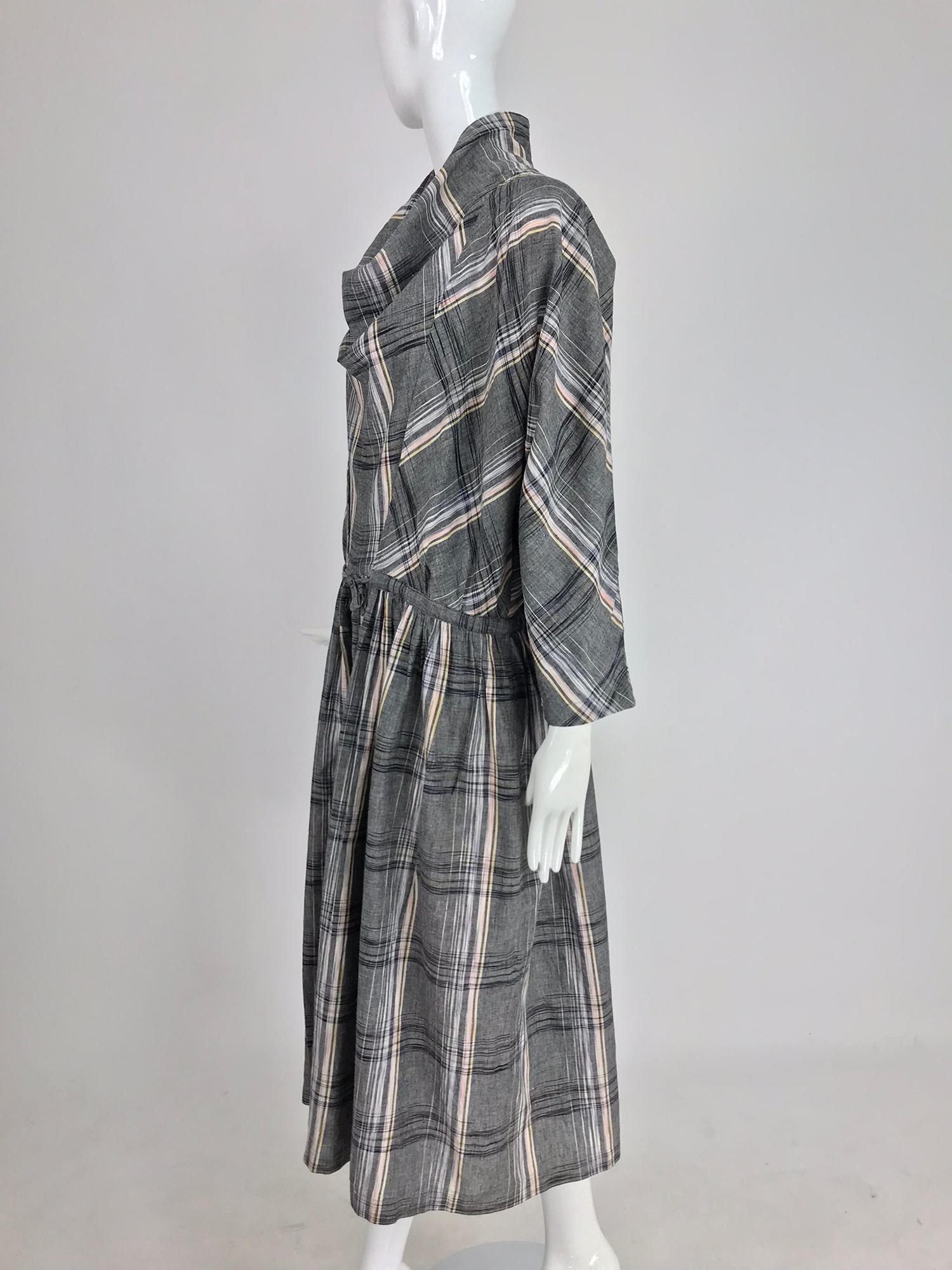 Issey Miyake Funnel Neck Plaid Cotton Draw Cord Waist Dress 1980s 4