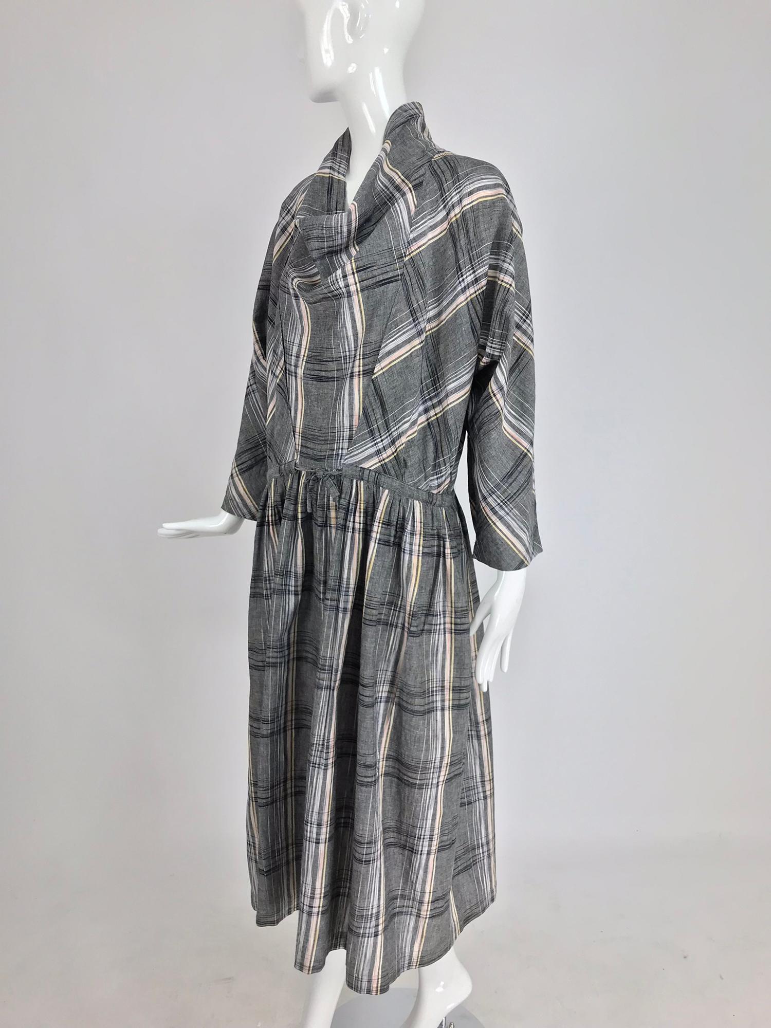 Issey Miyake Funnel Neck Plaid Cotton Draw Cord Waist Dress 1980s 5
