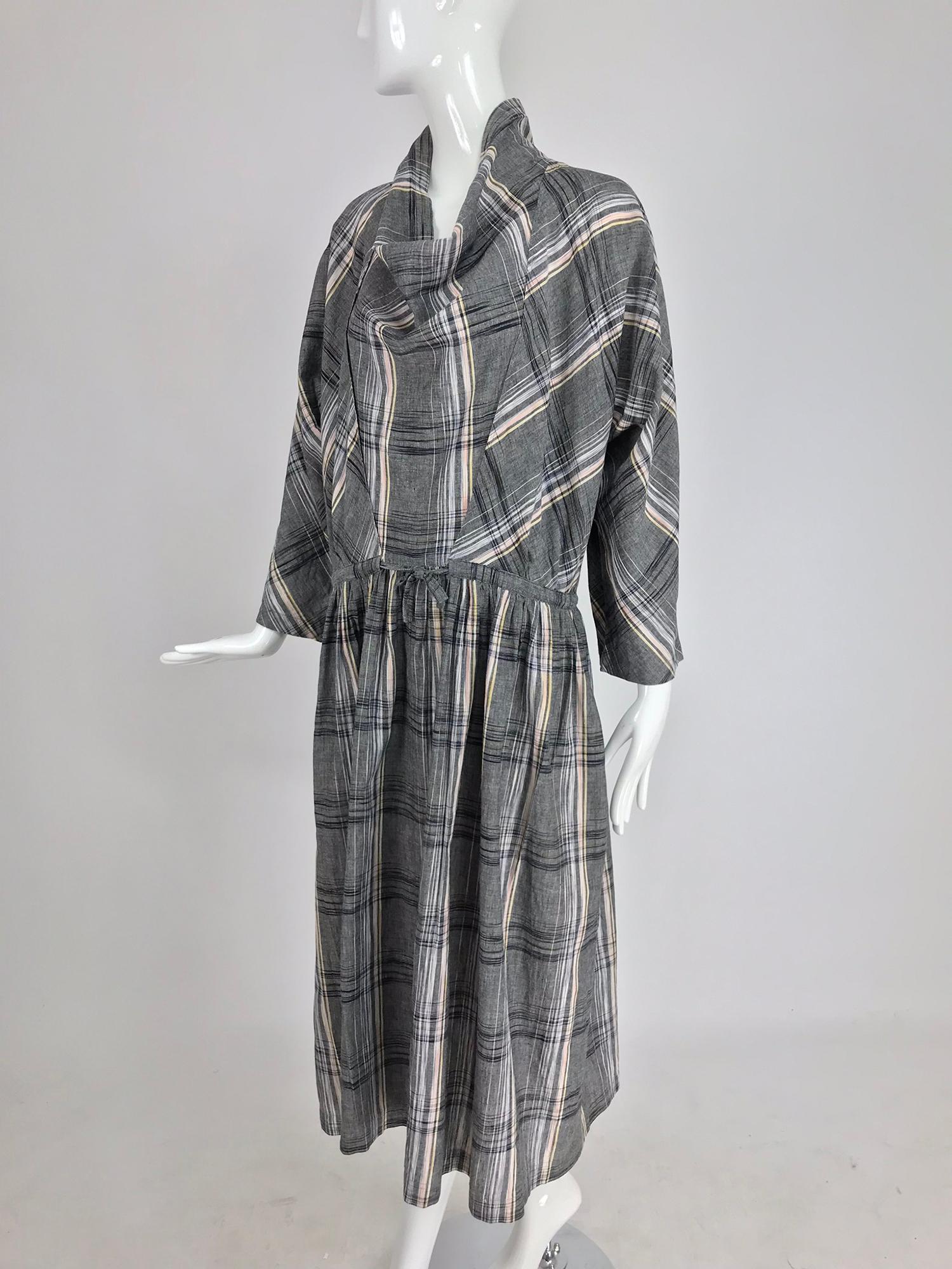 Issey Miyake Funnel Neck Plaid Cotton Draw Cord Waist Dress 1980s 6