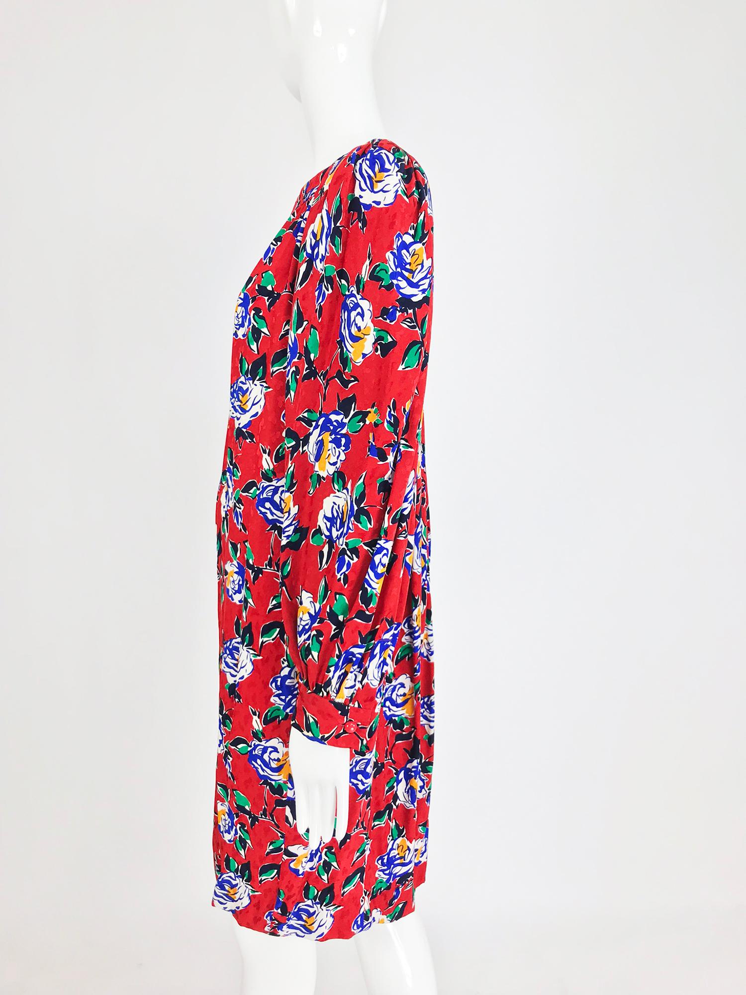 Women's or Men's Yves Saint Laurent Red Floral Silk Jacquard Scoop Neck Dress, 1980s