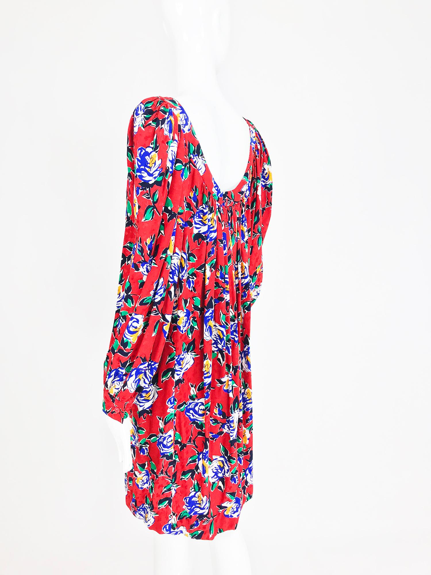 Yves Saint Laurent Red Floral Silk Jacquard Scoop Neck Dress, 1980s 1