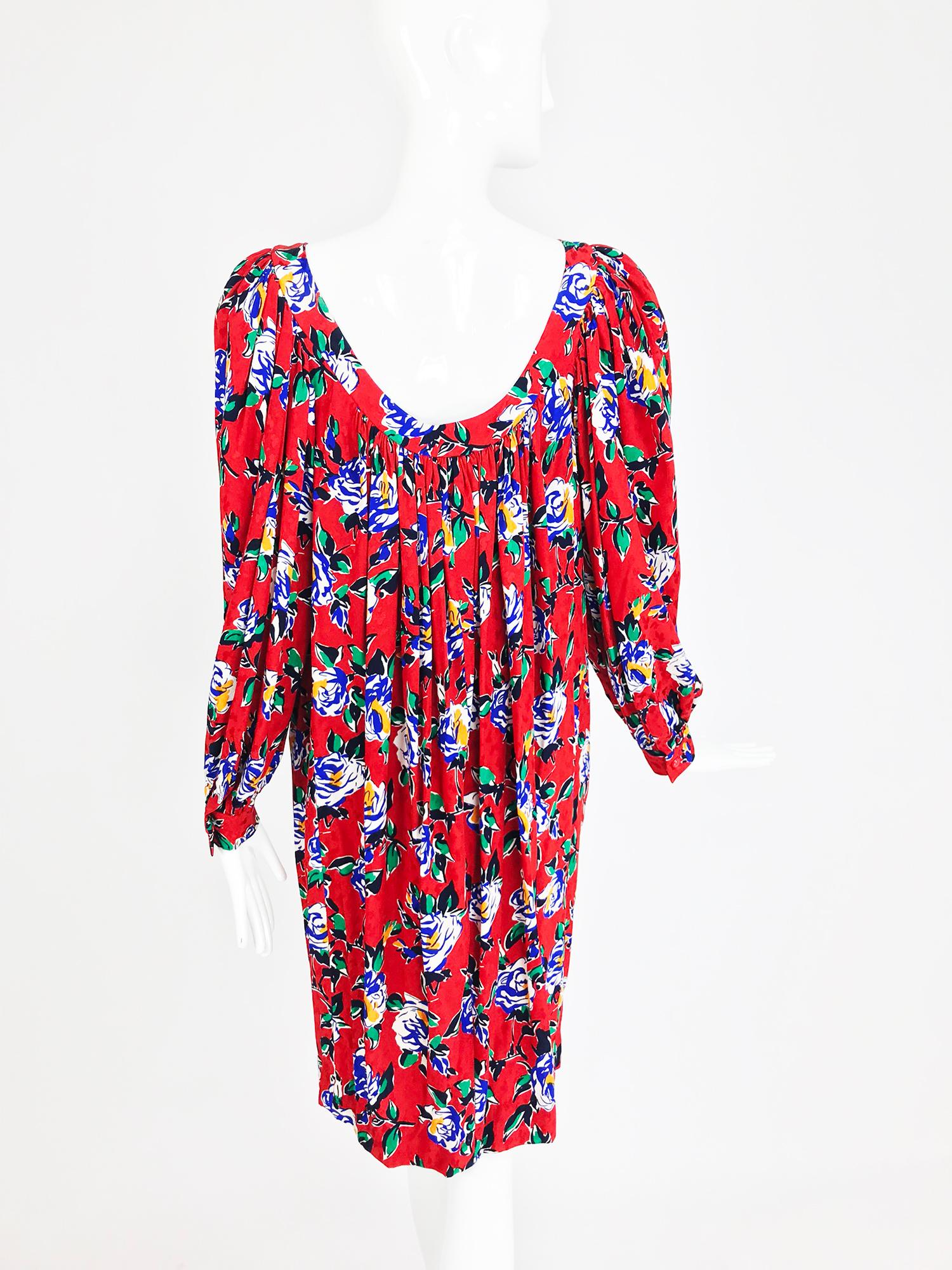 Yves Saint Laurent Red Floral Silk Jacquard Scoop Neck Dress, 1980s 2