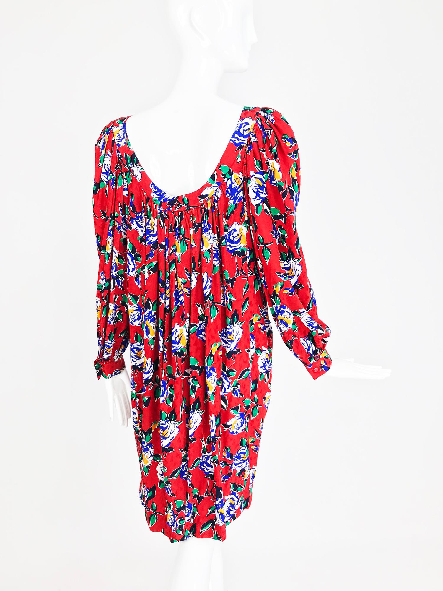 Yves Saint Laurent Red Floral Silk Jacquard Scoop Neck Dress, 1980s 3