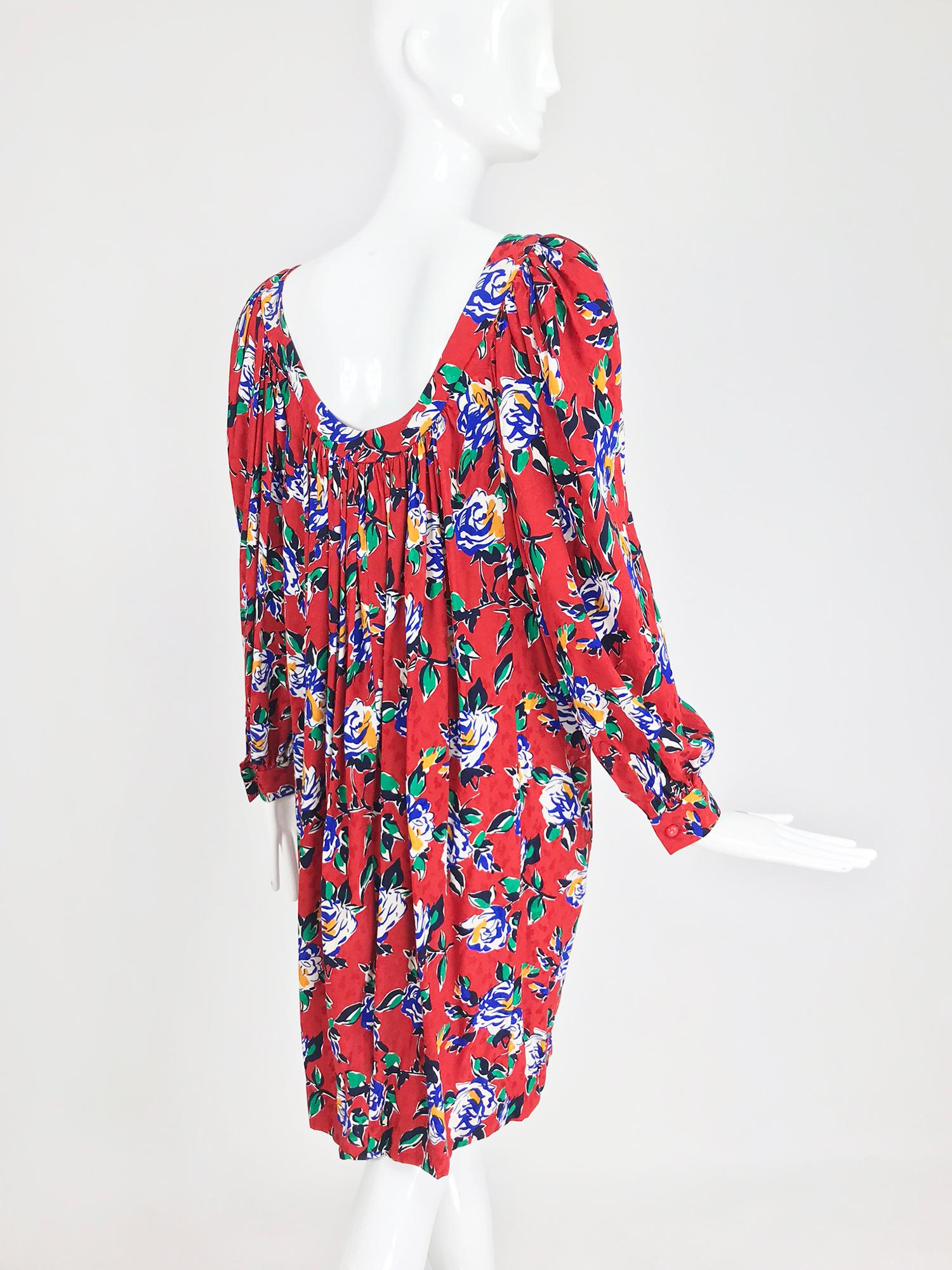 Yves Saint Laurent Red Floral Silk Jacquard Scoop Neck Dress, 1980s 4