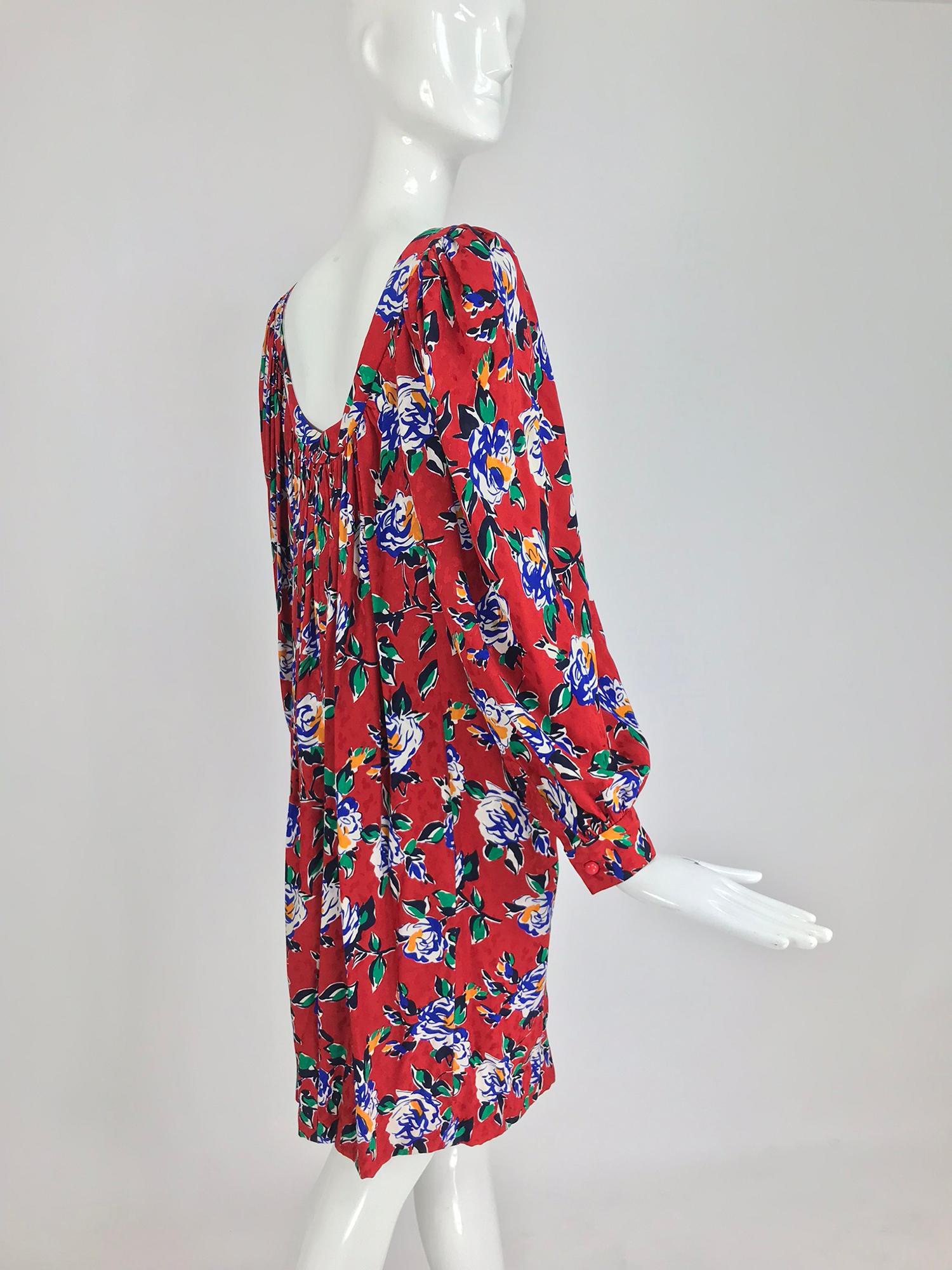 Yves Saint Laurent Red Floral Silk Jacquard Scoop Neck Dress, 1980s 5