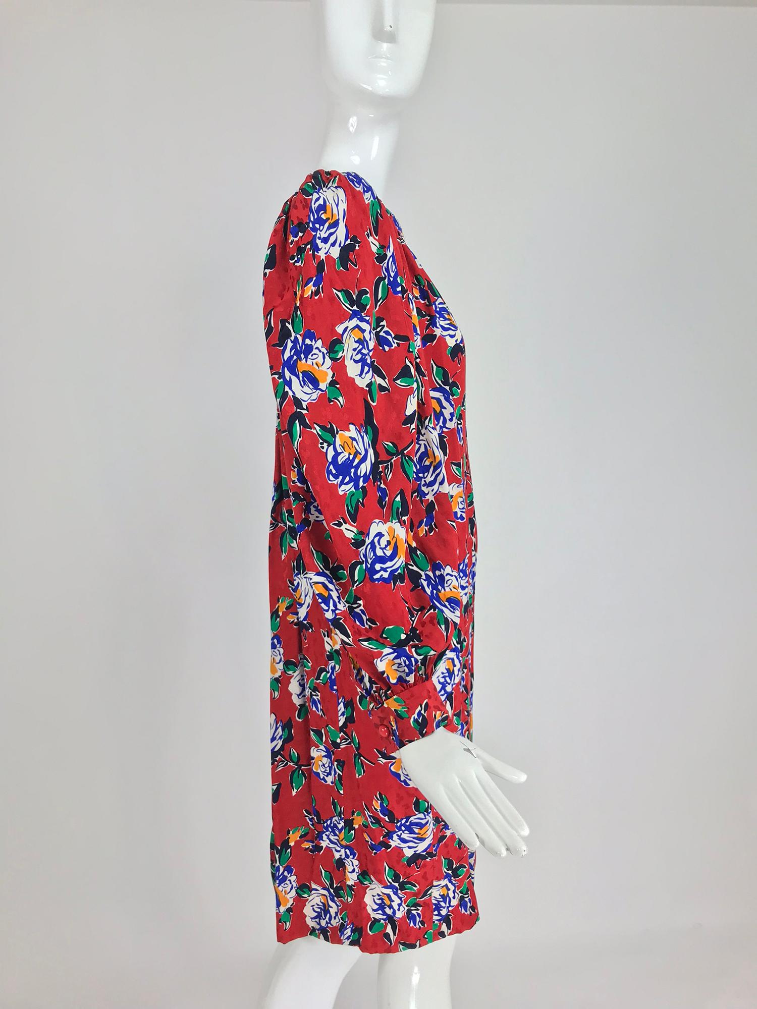 Yves Saint Laurent Red Floral Silk Jacquard Scoop Neck Dress, 1980s 6
